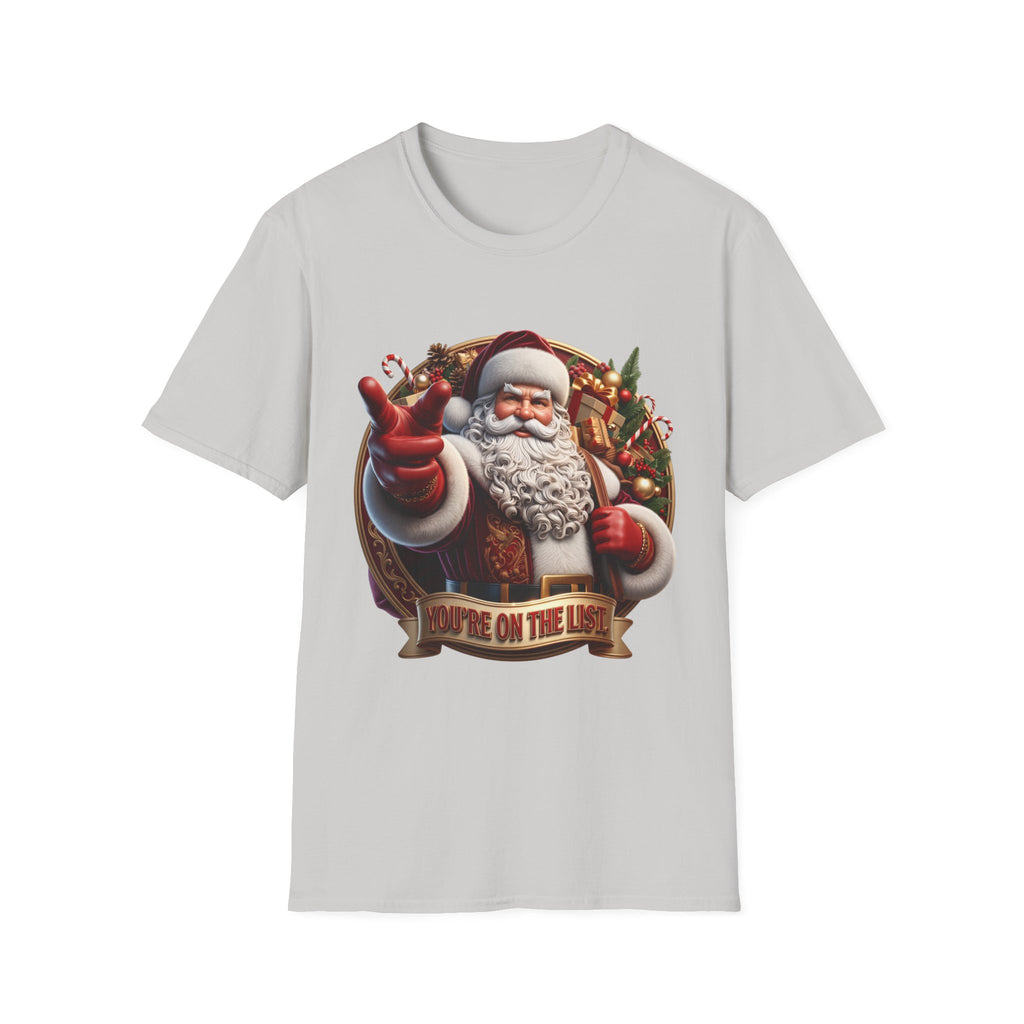 Santa You're On The List Pointing print on the front of an Ice Grey t-shirt, laid flat on white