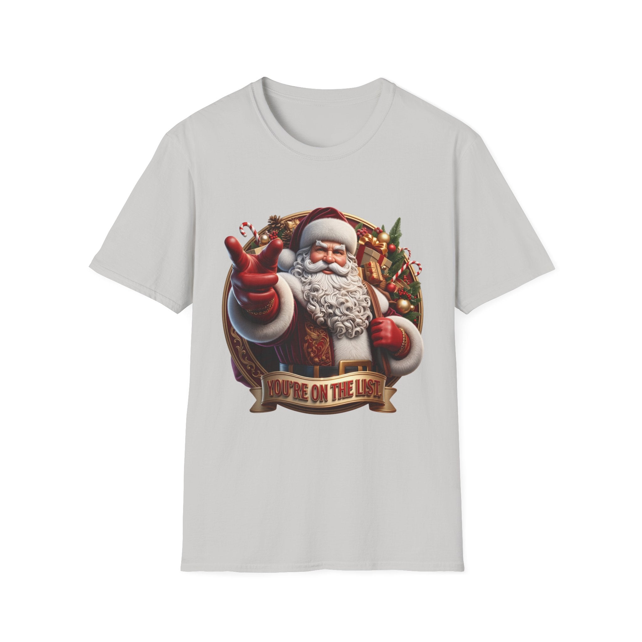 Santa You're On The List Pointing print on the front of an Ice Grey t-shirt, laid flat on white