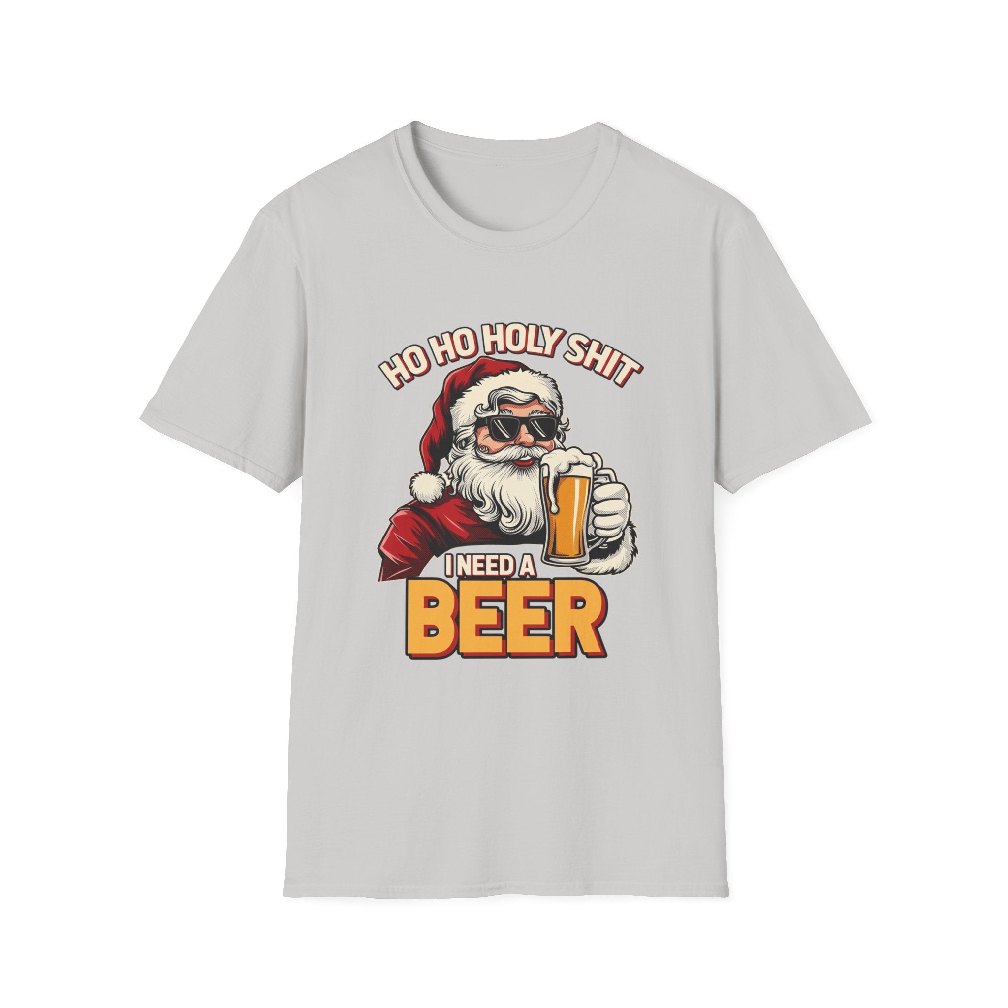 Ho Ho Holy Sh*t I Need a Beer print on the front of an Ice Grey t-shirt, laid flat on white
