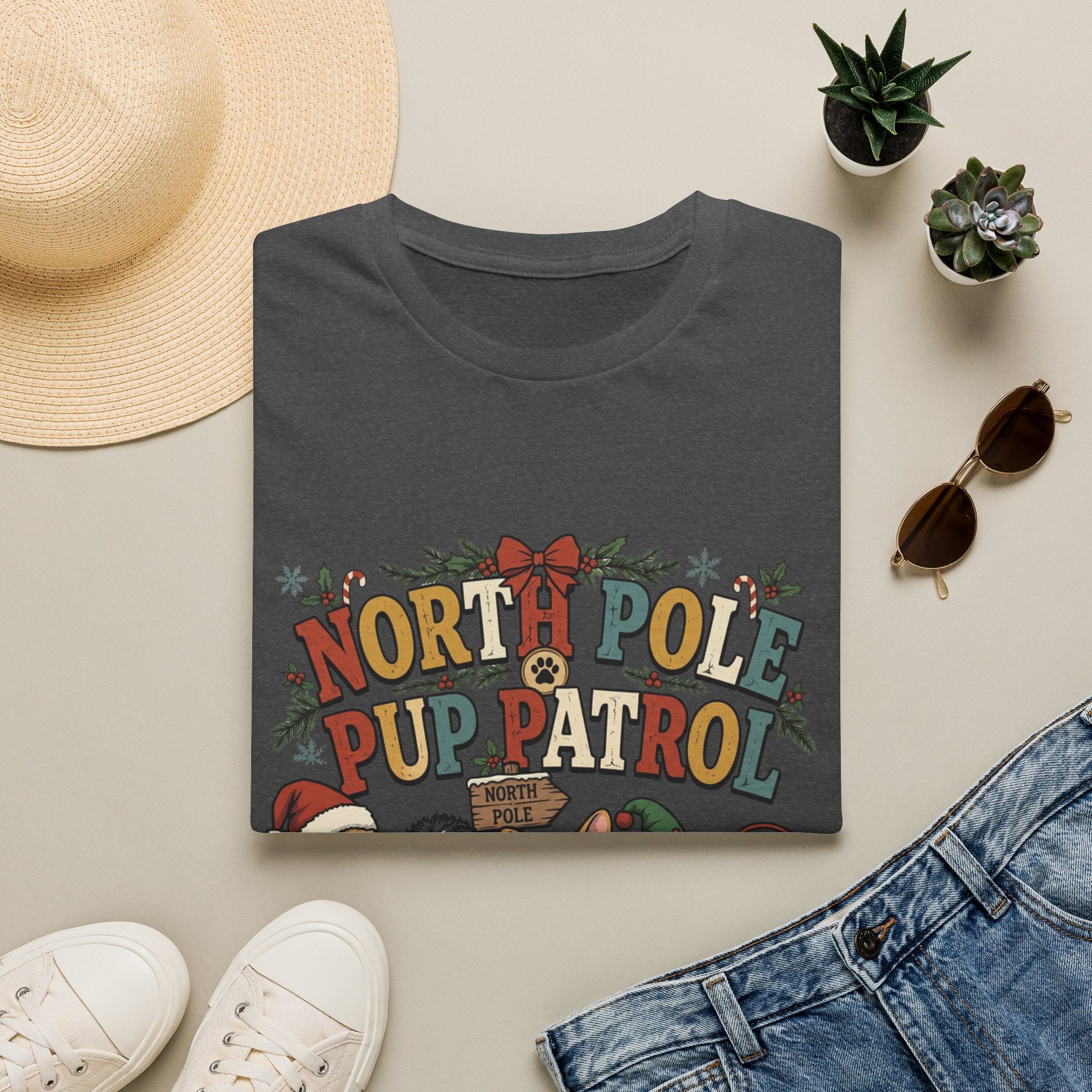 North Pole Pup Patrol Christmas Dogs print on a Dark Heather t-shirt, folded beside a straw hat and jeans
