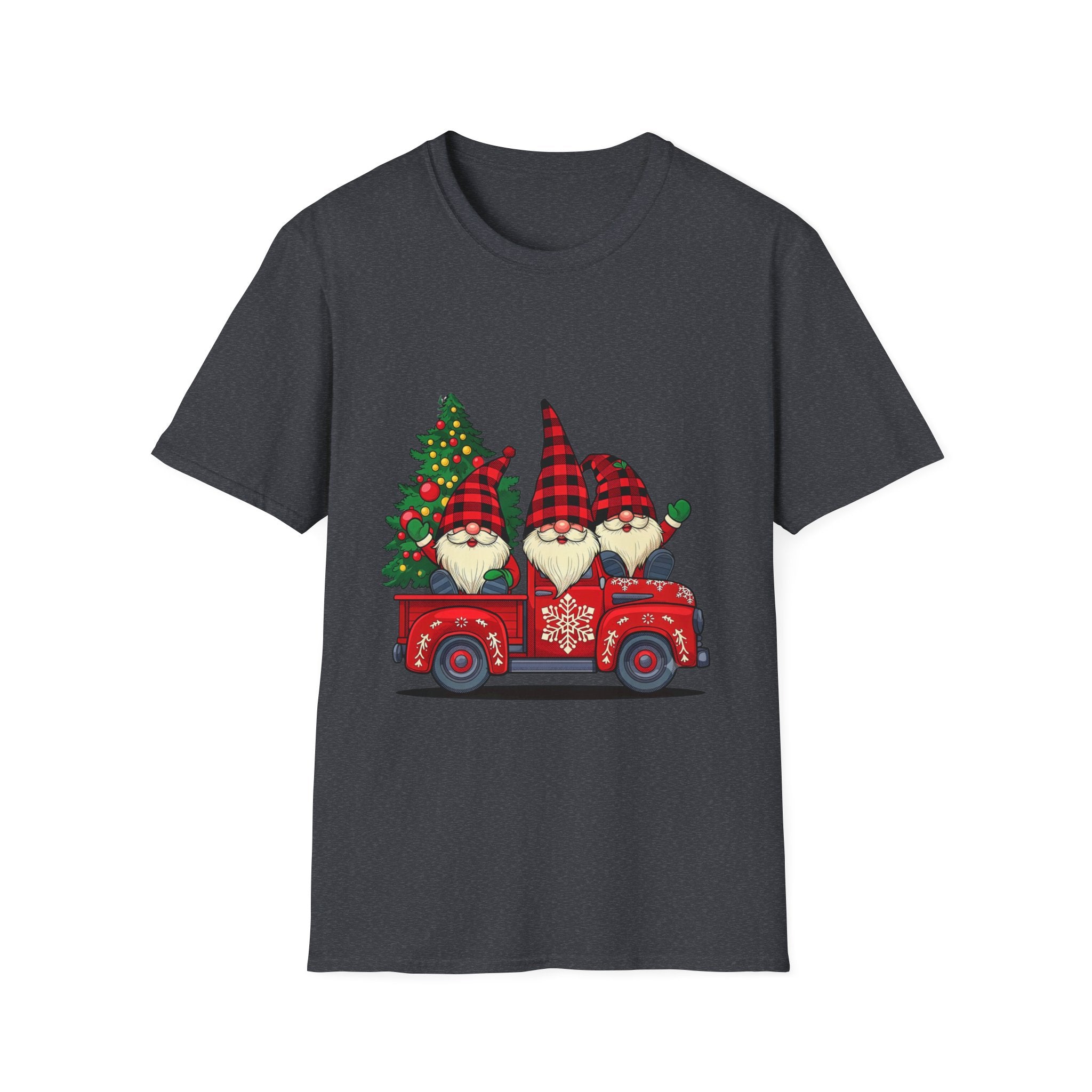 Buffalo Plaid Gnomes Red Truck print on the front of a Dark Heather Grey t-shirt, laid flat on white