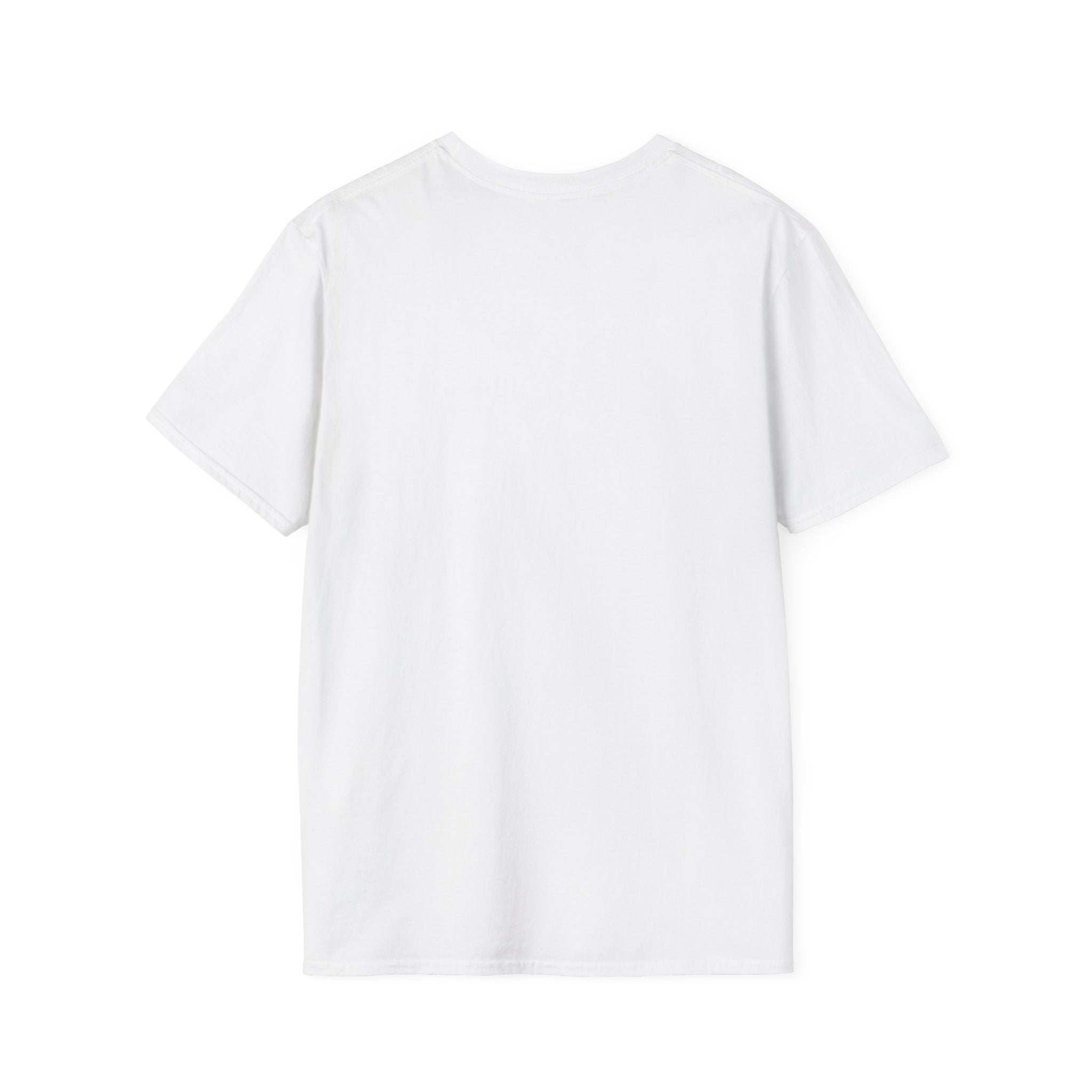 Back of the plain White t-shirt, no print, laid flat on white
