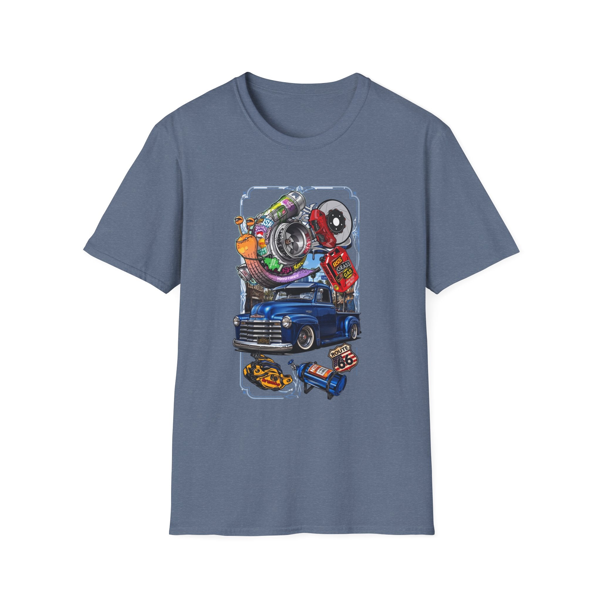 Turbocharged Snail Gearhead Car Parts print on the front of a Heather Indigo t-shirt, laid flat on white