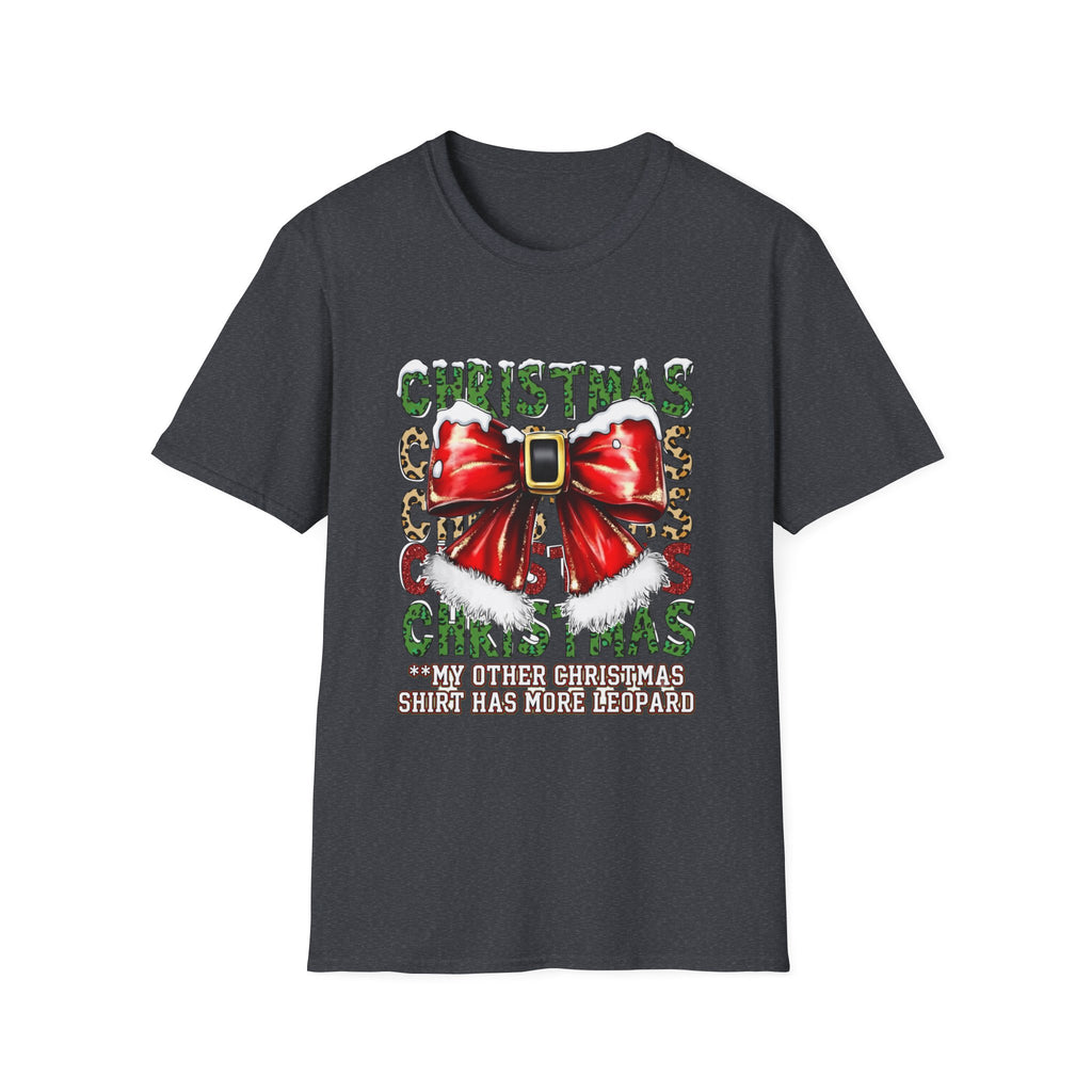 Stacked Christmas Leopard Print Santa Belt Bow print on the front of a Dark Heather Grey t-shirt, laid flat on white