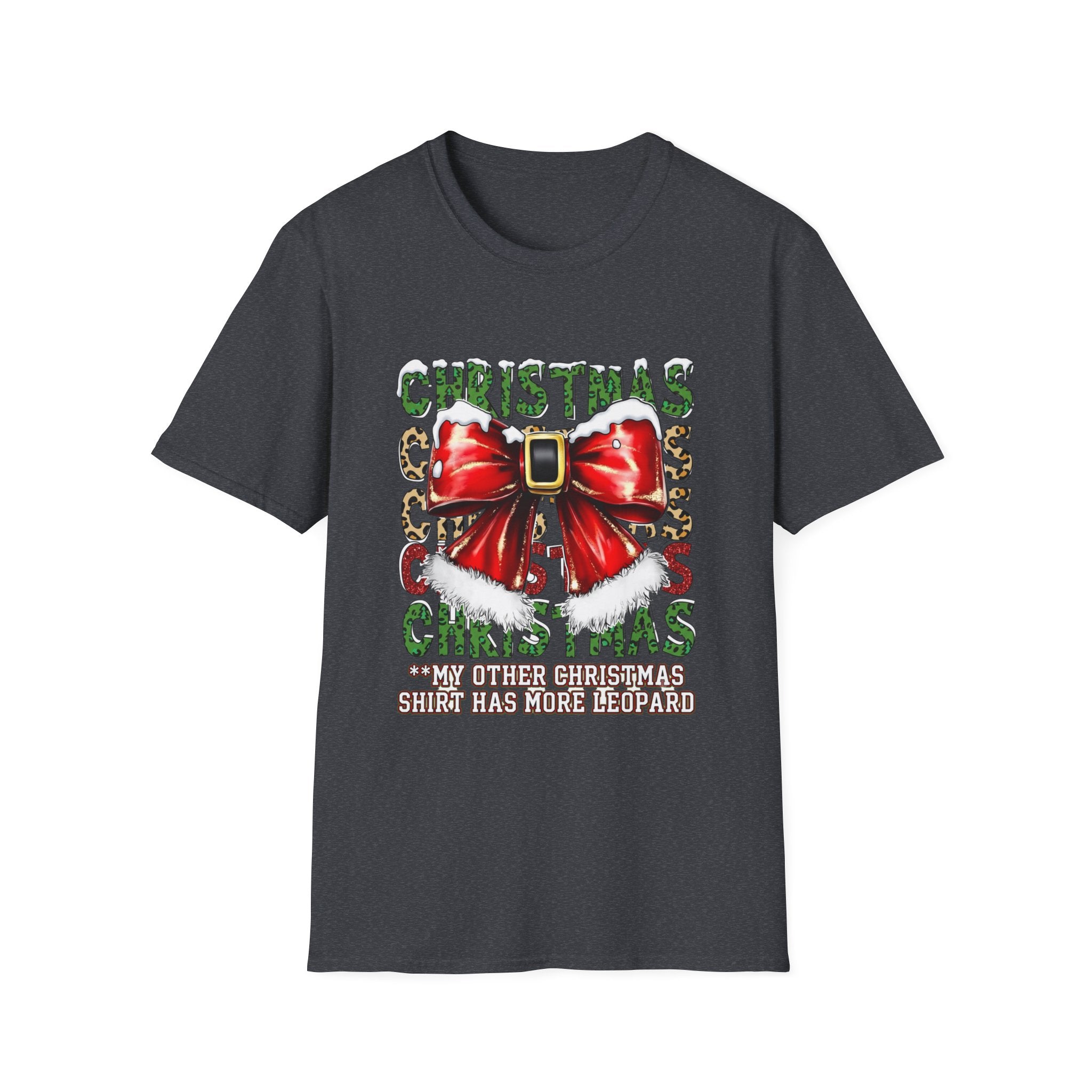 Stacked Christmas Leopard Print Santa Belt Bow print on the front of a Dark Heather Grey t-shirt, laid flat on white