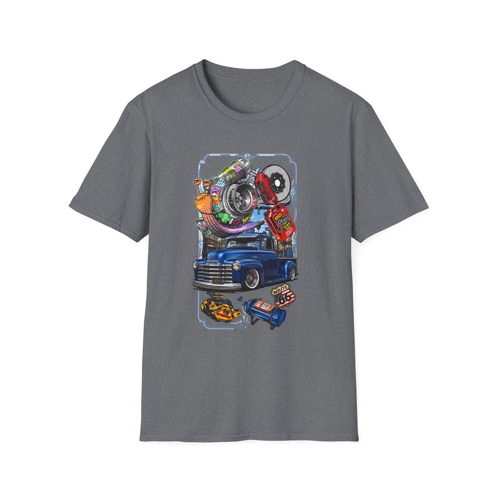 Turbocharged Snail Gearhead Car Parts print on the front of a Graphite Heather t-shirt, laid flat on white
