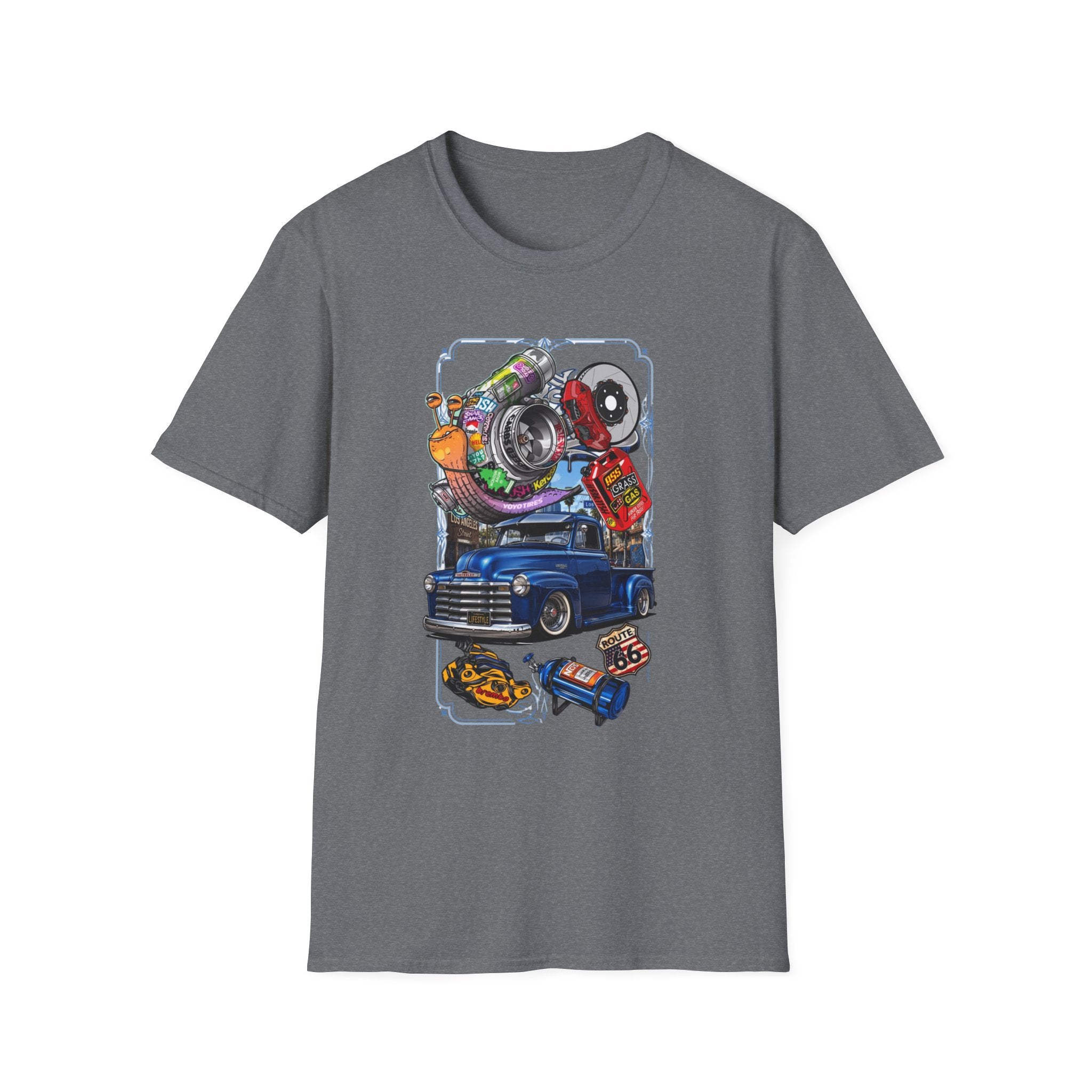 Turbocharged Snail Gearhead Car Parts print on the front of a Graphite Heather t-shirt, laid flat on white