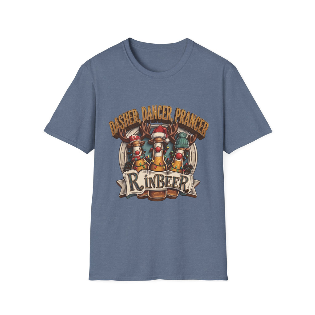Dasher Dancer Prancer Reinbeer Christmas Beer print on the front of a Heather Indigo t-shirt, laid flat on white