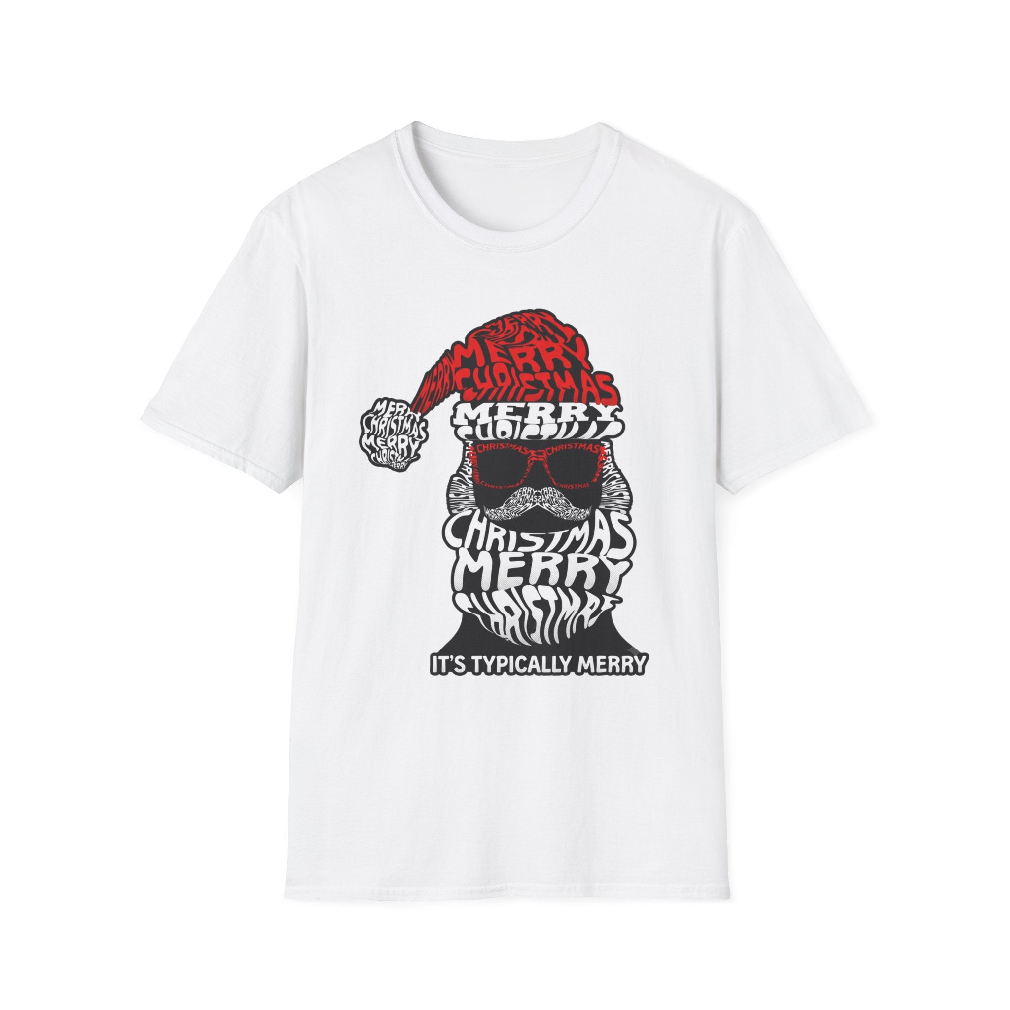 Cool Santa Sunglasses Typography Merry print on the front of a White t-shirt, laid flat on white