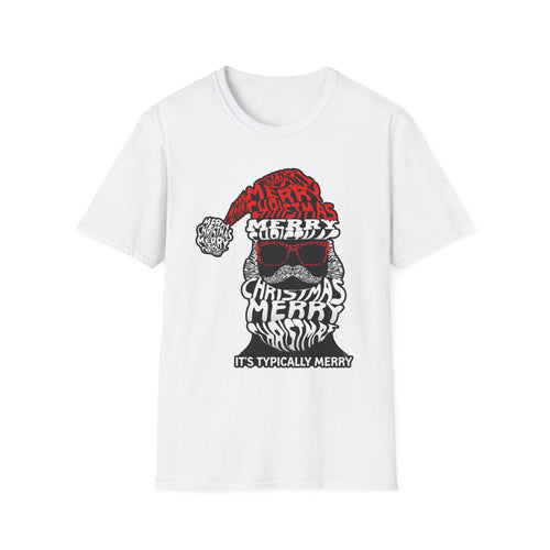 Cool Santa Sunglasses Typography Merry print on the front of a White t-shirt, laid flat on white