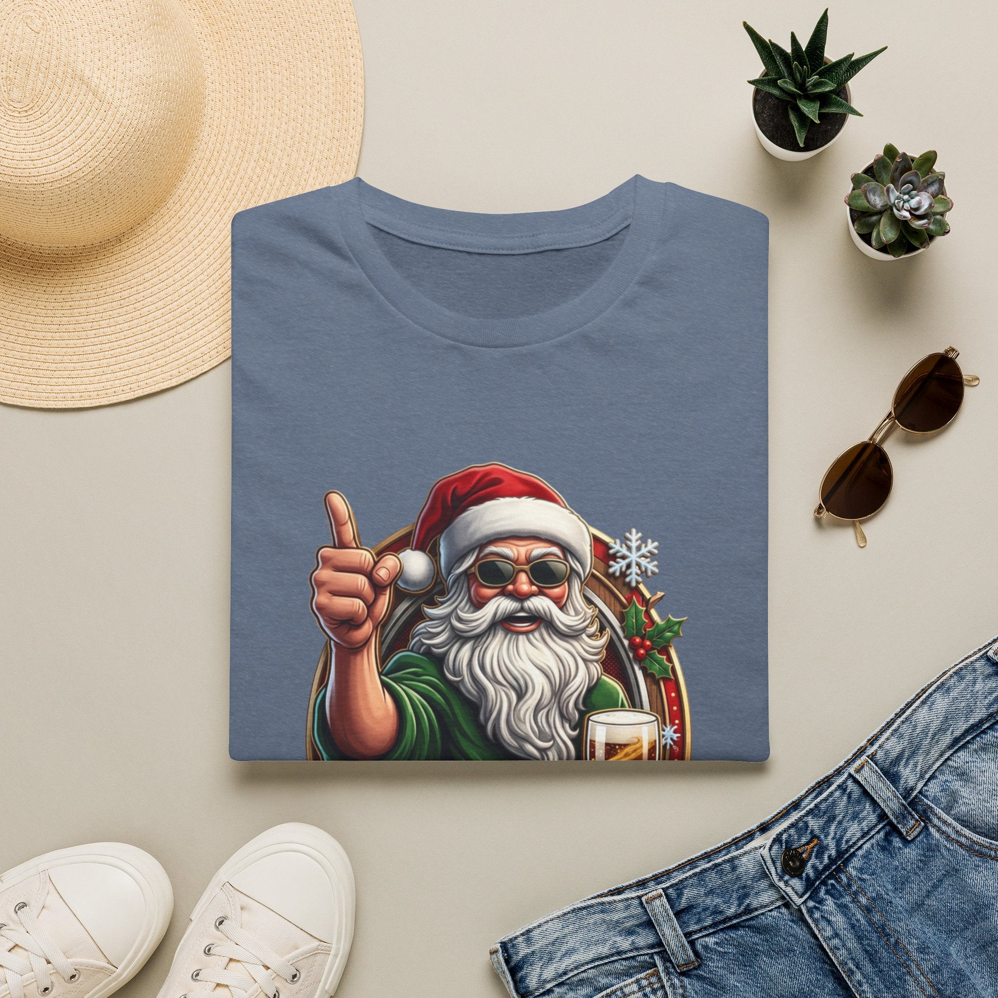 Cheers to the Naughty List Santa Beer print on a Heather Indigo t-shirt, folded beside a straw hat and jeans