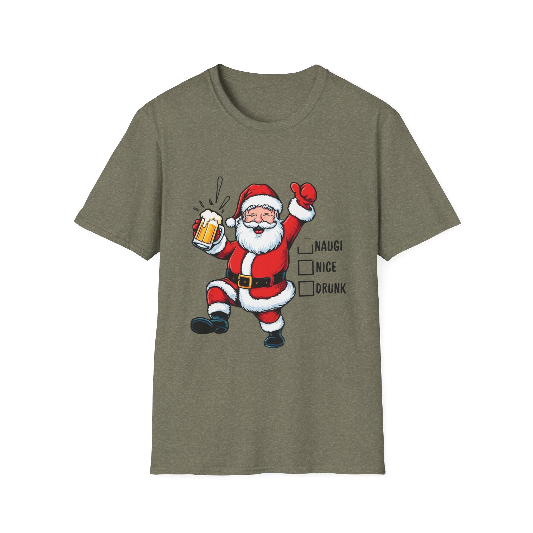Naughty Nice Drunk Santa Beer Checklist print on the front of a Heather Military Green t-shirt, laid flat on white