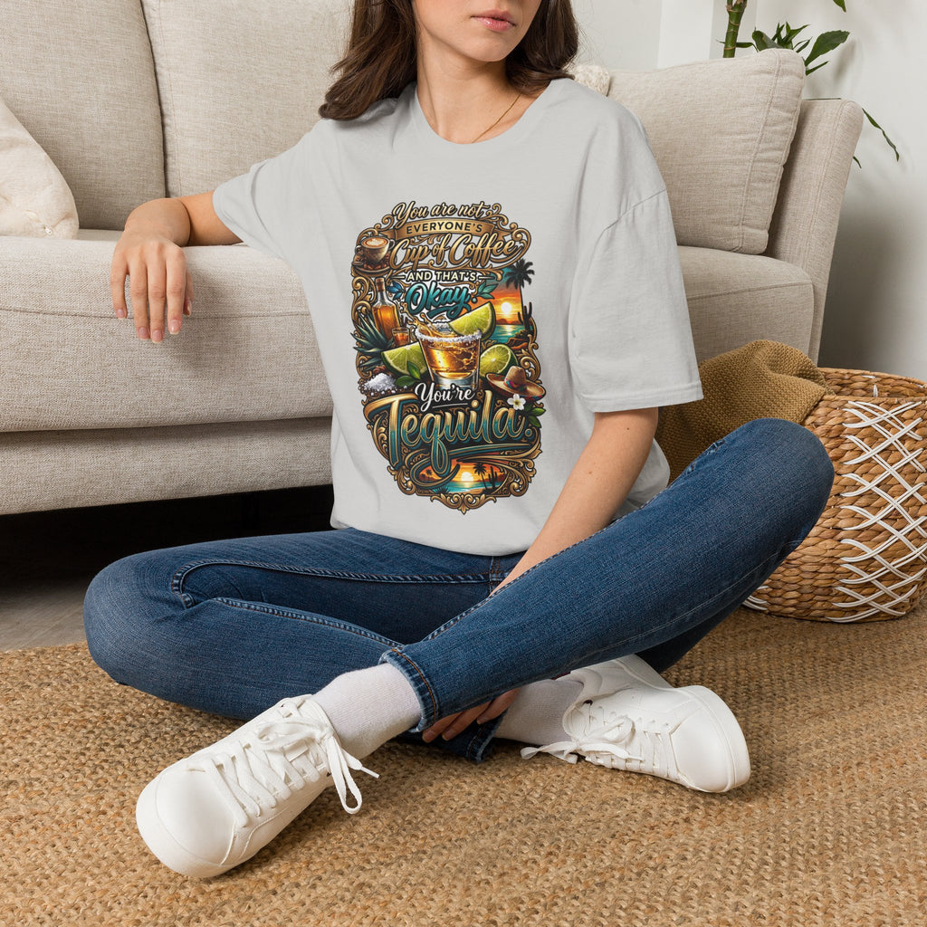 Not Everyone's Cup of Coffee You're Tequila t-shirt in Ice Grey, worn by a woman seated on a rug