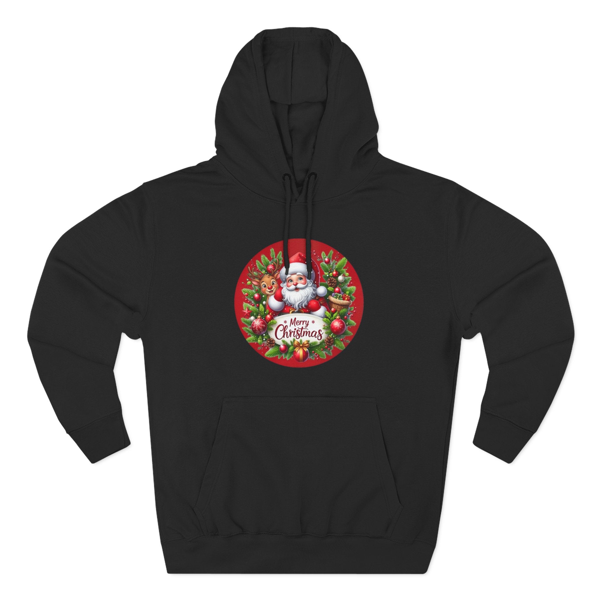 Santa & Reindeer Merry Christmas Wreath Hoodie, shown in Black