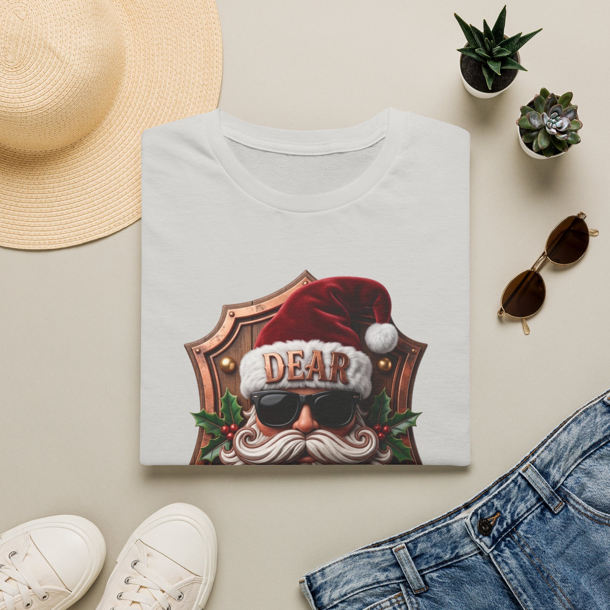 Dear Santa I Can Explain Sunglasses Crest print on an Ice Grey t-shirt, folded beside a straw hat and jeans