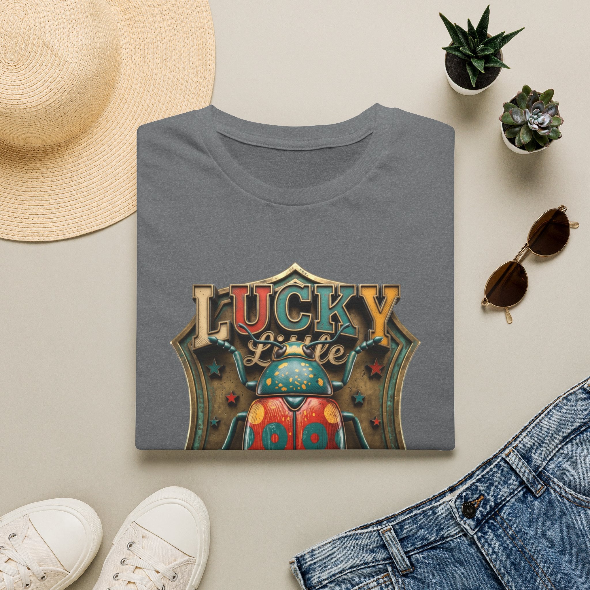 Lucky Little Bugger Vintage Beetle print on a Graphite Heather t-shirt, folded beside a straw hat and jeans
