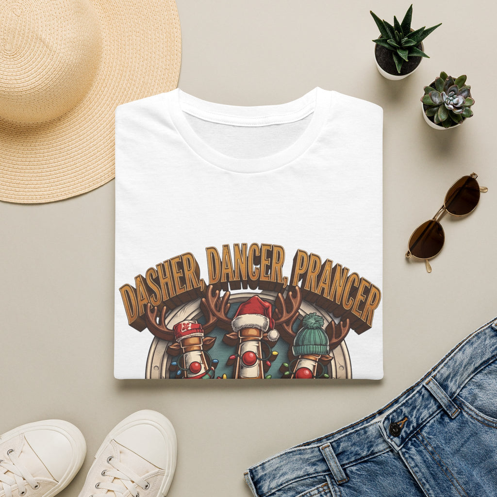 Dasher Dancer Prancer Reinbeer Christmas Beer print on a White t-shirt, folded beside a straw hat and jeans