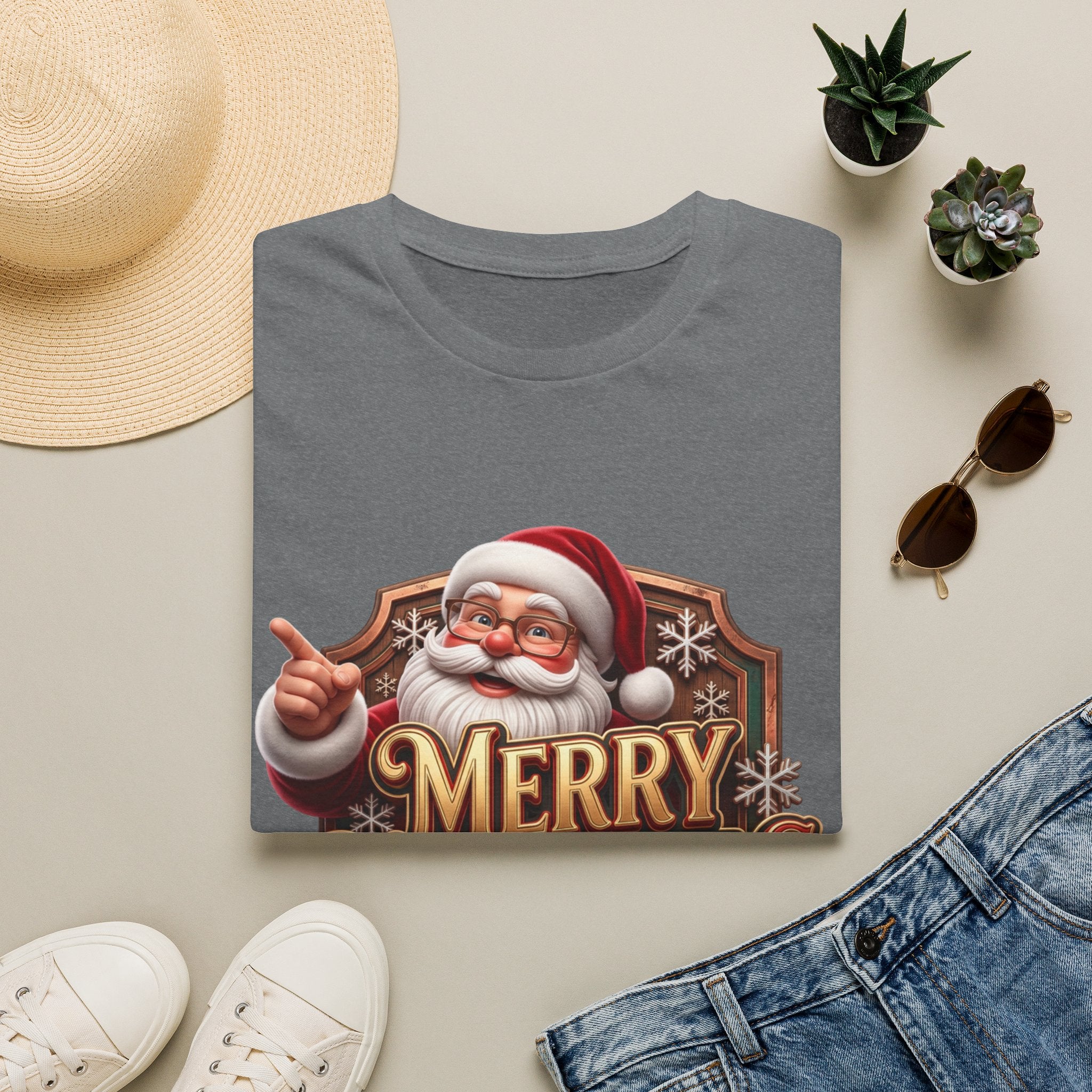 Vintage Santa Merry Christmas Badge print on a Graphite Heather t-shirt, folded beside a straw hat and jeans