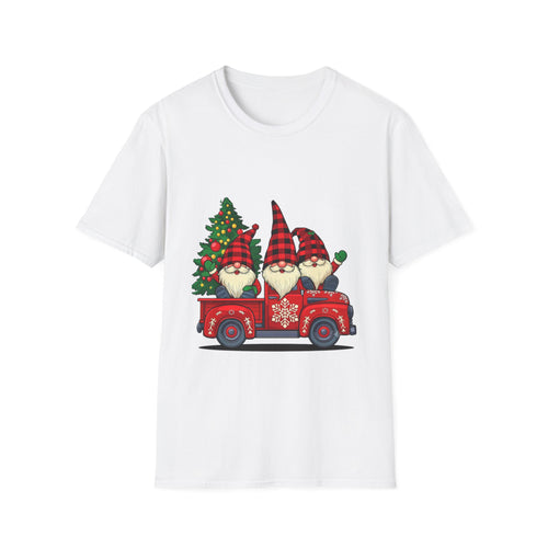Buffalo Plaid Gnomes Red Truck print on the front of a White t-shirt, laid flat on white