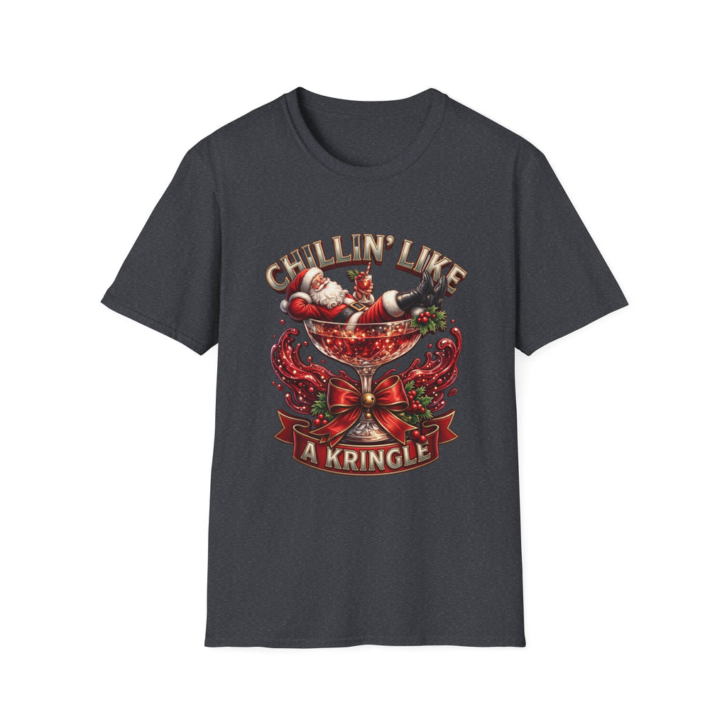 Chillin' Like a Kringle Santa print on the front of a Dark Heather Grey t-shirt, laid flat on white