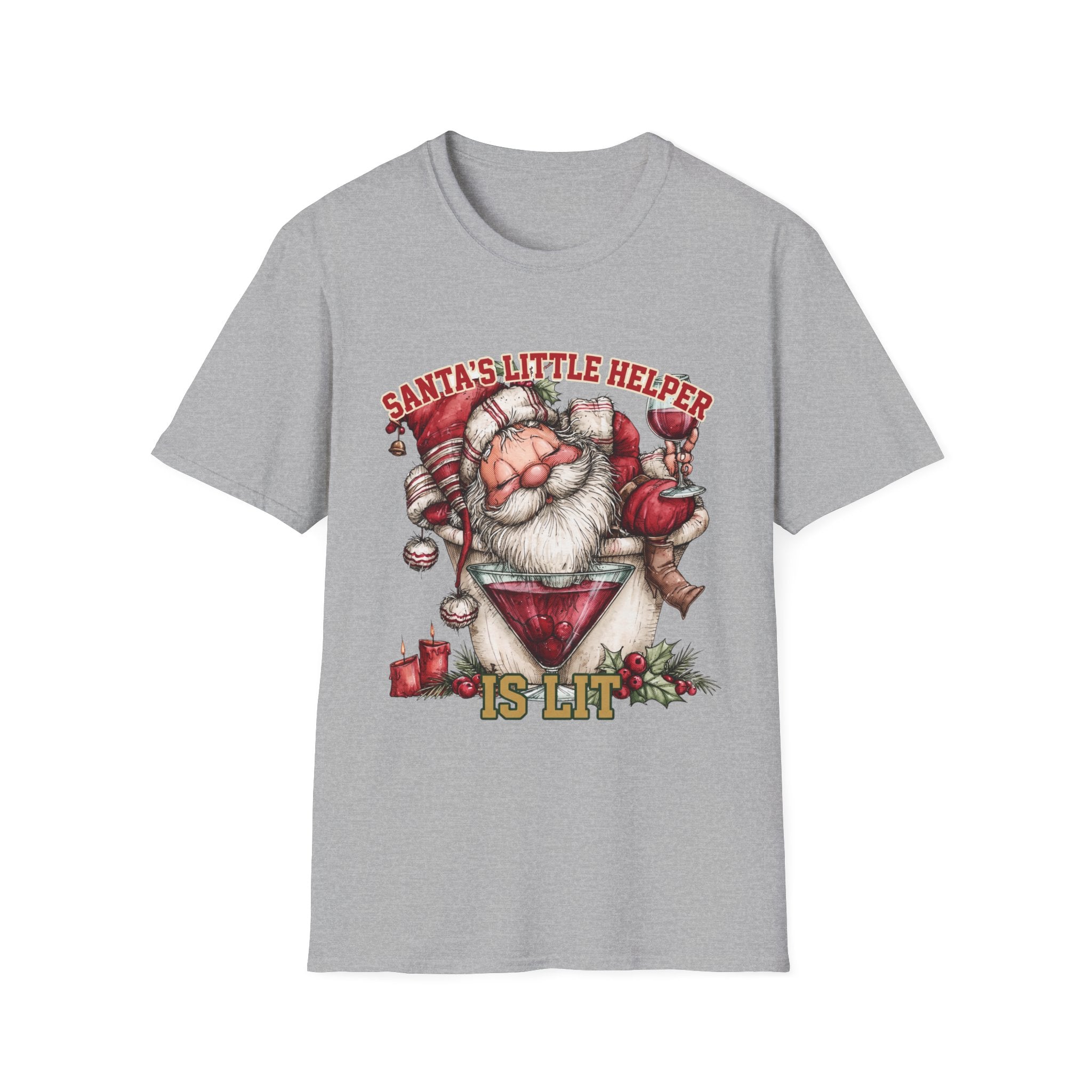 Santa's Little Helper Is Lit Christmas Wine print on the front of a Sport Grey t-shirt, laid flat on white