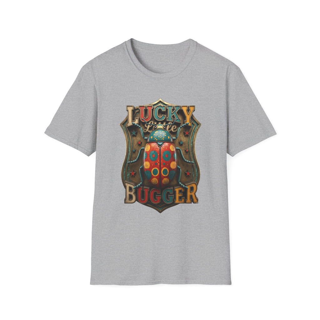 Lucky Little Bugger Vintage Beetle print on the front of a Sport Grey t-shirt, laid flat on white