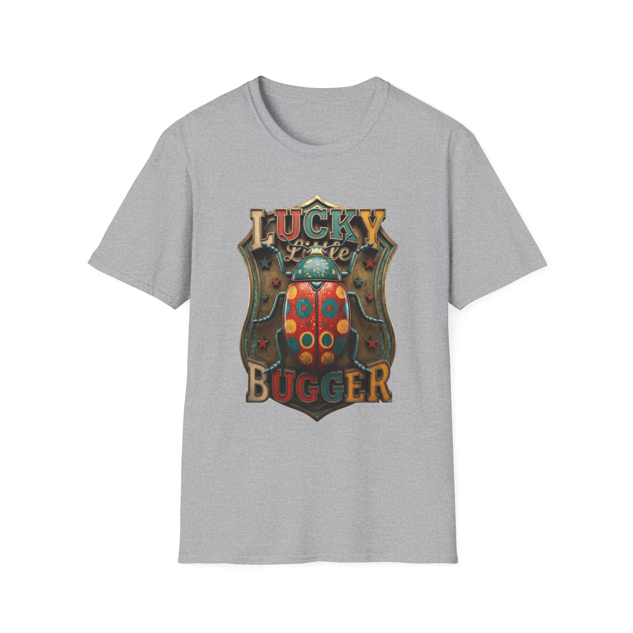 Lucky Little Bugger Vintage Beetle print on the front of a Sport Grey t-shirt, laid flat on white