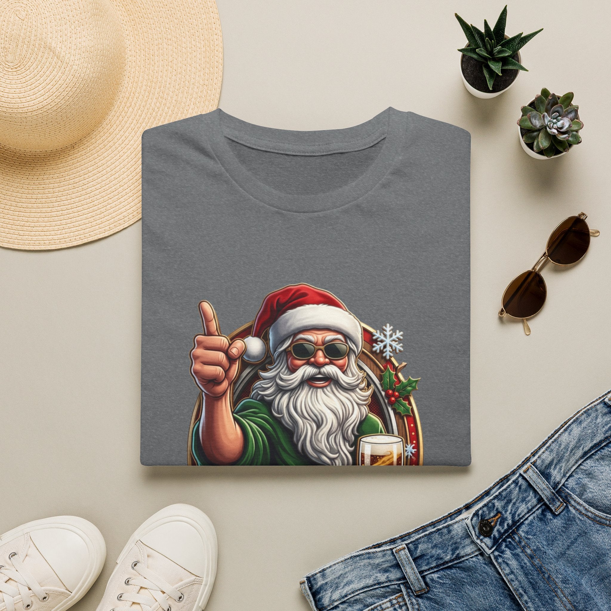 Cheers to the Naughty List Santa Beer print on a Graphite Heather t-shirt, folded beside a straw hat and jeans