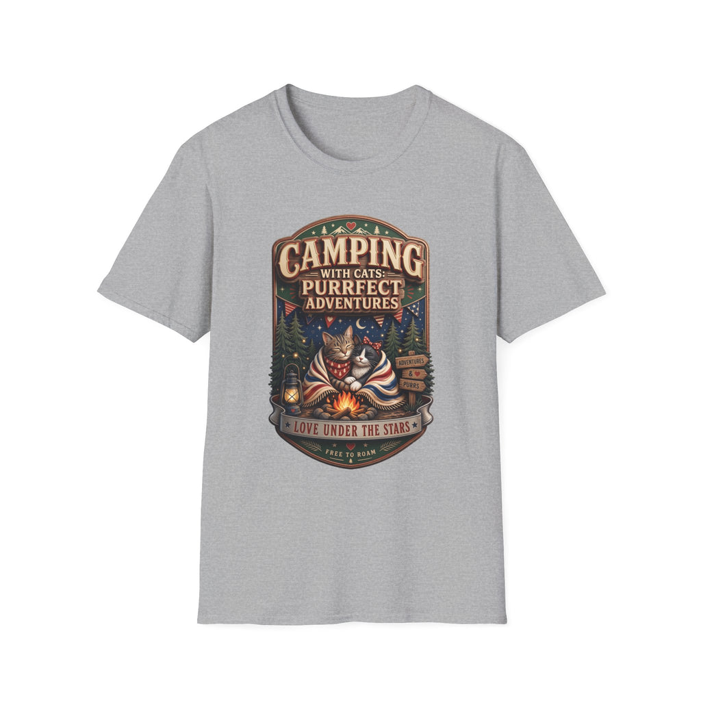 Camping With Cats Purrfect Adventures print on the front of a Sport Grey t-shirt, laid flat on white