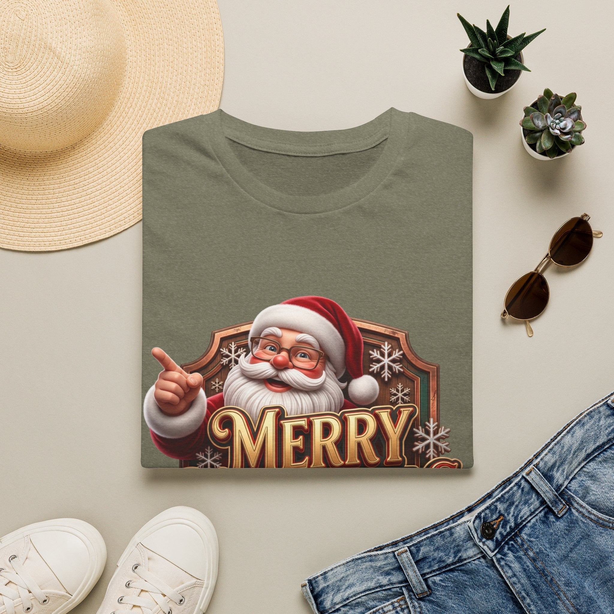 Vintage Santa Merry Christmas Badge print on a Heather Military Green t-shirt, folded beside a straw hat and jeans