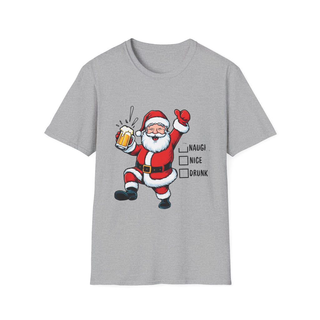 Naughty Nice Drunk Santa Beer Checklist print on the front of a Sport Grey t-shirt, laid flat on white