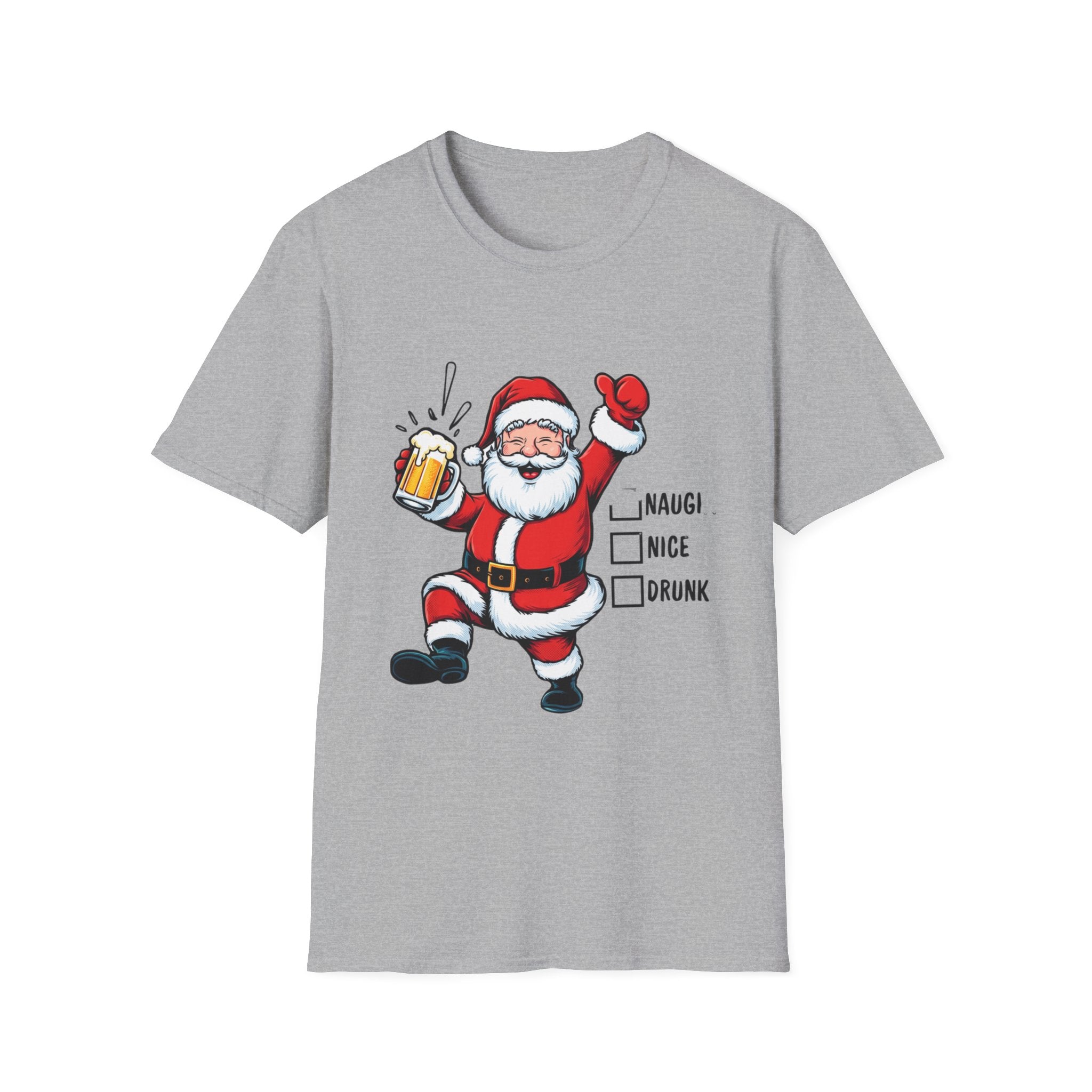 Naughty Nice Drunk Santa Beer Checklist print on the front of a Sport Grey t-shirt, laid flat on white