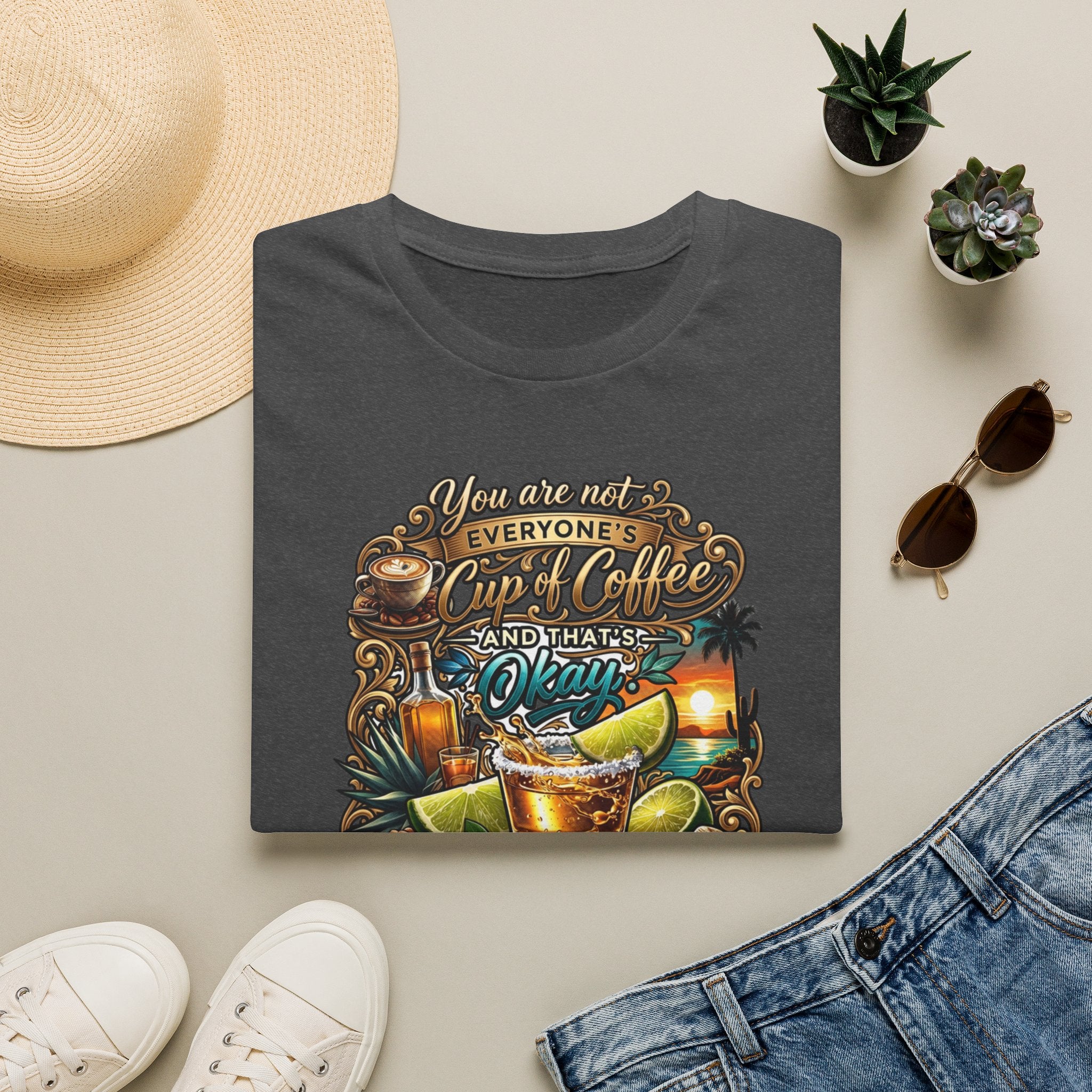 Not Everyone's Cup of Coffee You're Tequila print on a Dark Heather t-shirt, folded beside a straw hat and jeans