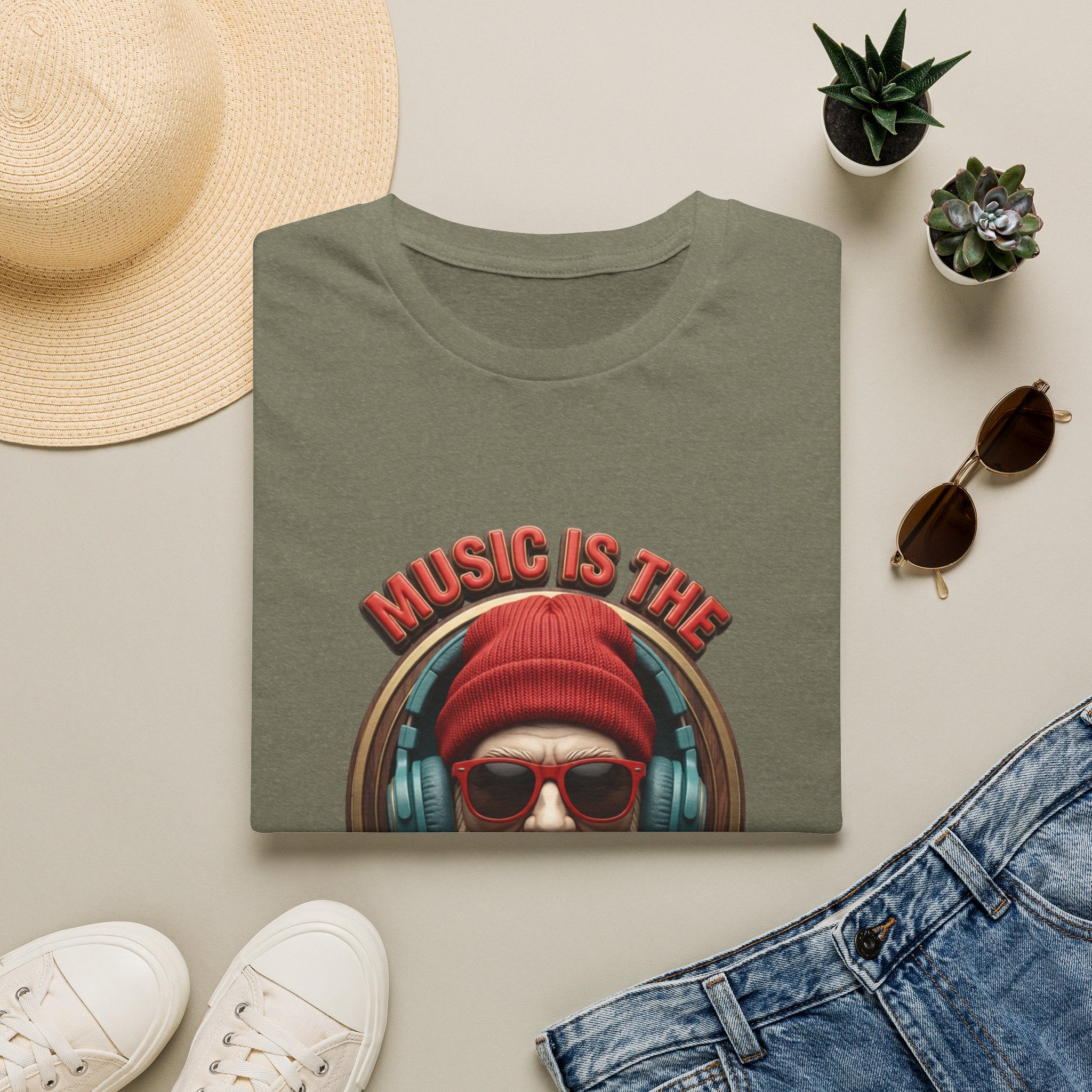 Music Is The Only Therapy Bearded Beanie print on a Heather Military Green t-shirt, folded beside a straw hat and jeans