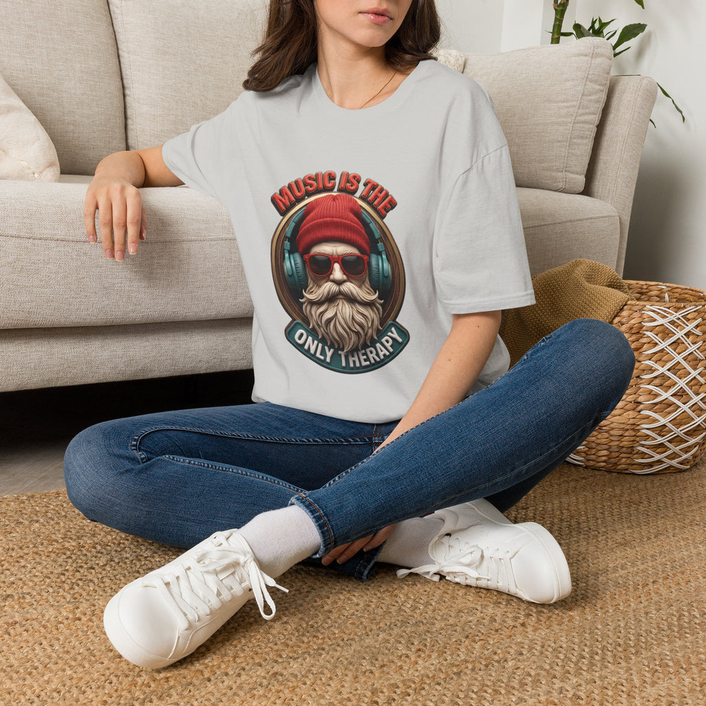 Music Is The Only Therapy Bearded Beanie t-shirt in Ice Grey, worn by a woman seated on a rug