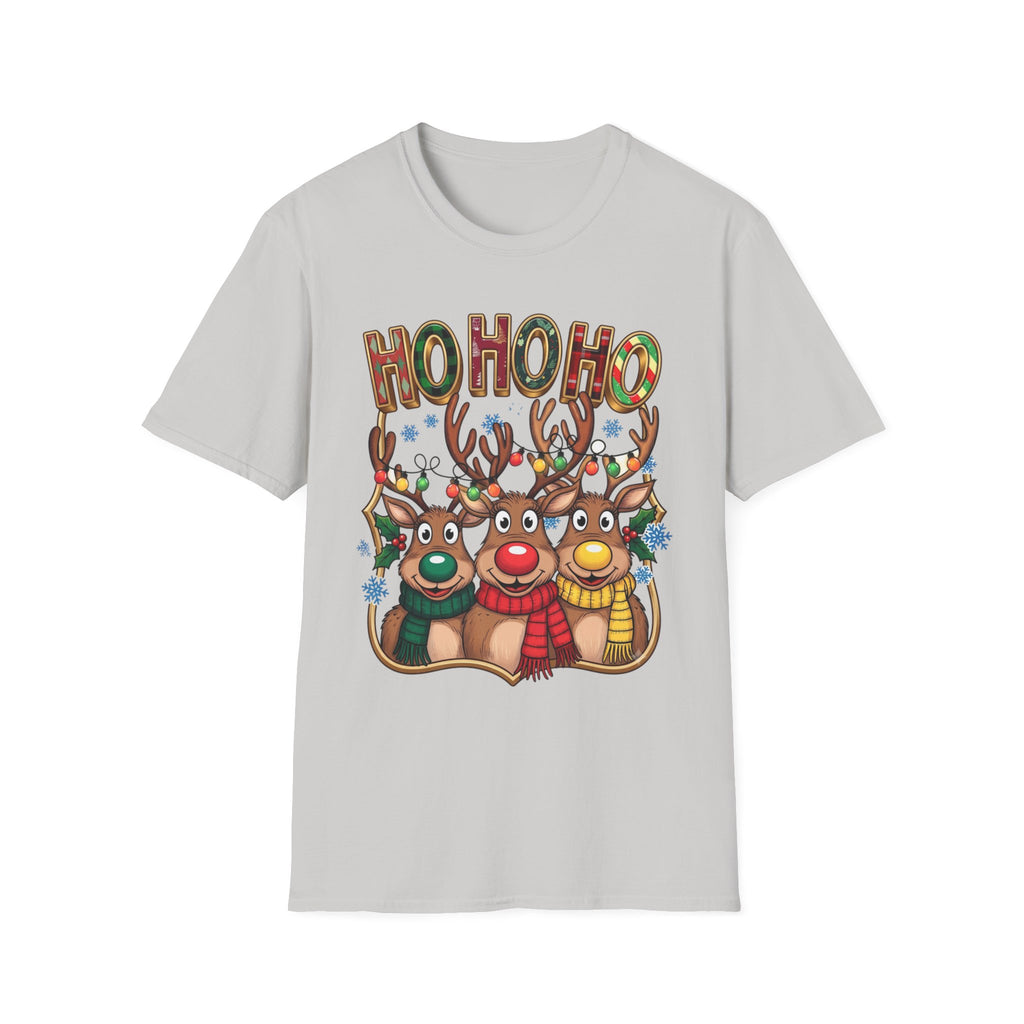 Reindeer Trio Ho Ho Ho Christmas Lights print on the front of an Ice Grey t-shirt, laid flat on white