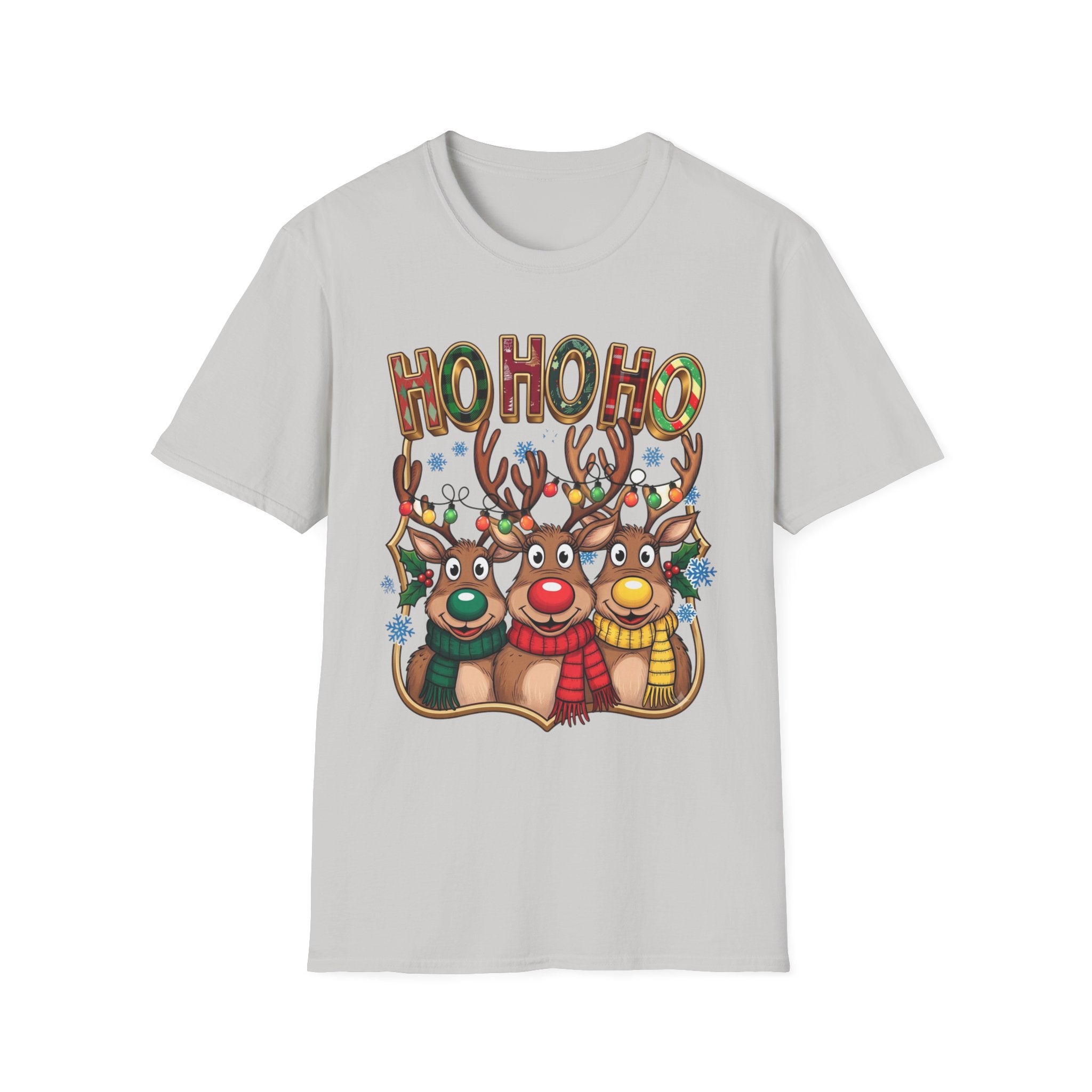 Reindeer Trio Ho Ho Ho Christmas Lights print on the front of an Ice Grey t-shirt, laid flat on white