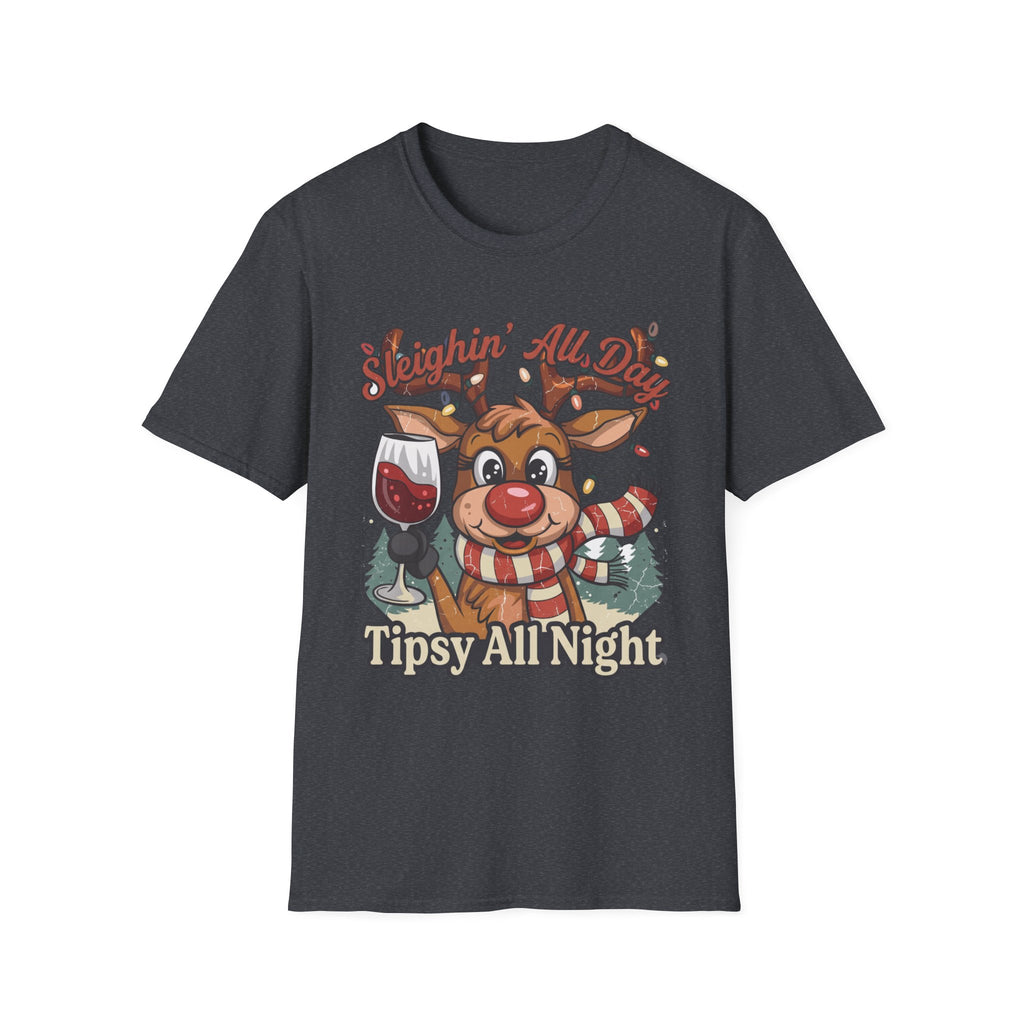 Reindeer Sleighin' All Day Tipsy All Night print on the front of a Dark Heather Grey t-shirt, laid flat on white