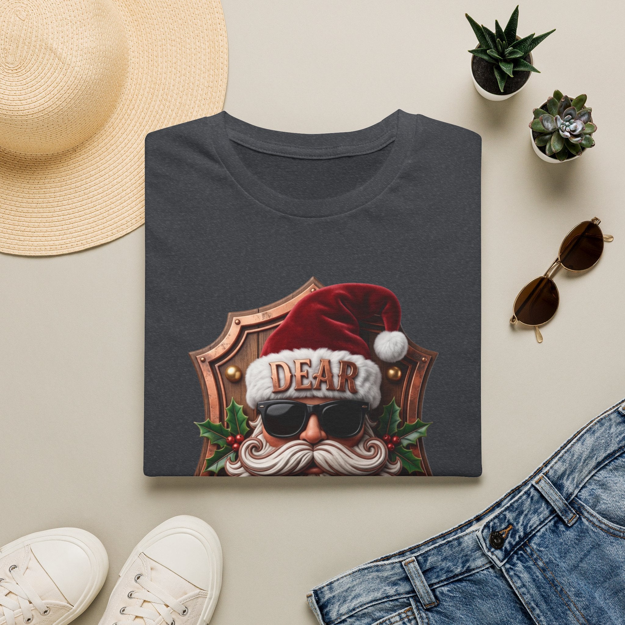 Dear Santa I Can Explain Sunglasses Crest print on a Dark Heather Grey t-shirt, folded beside a straw hat and jeans