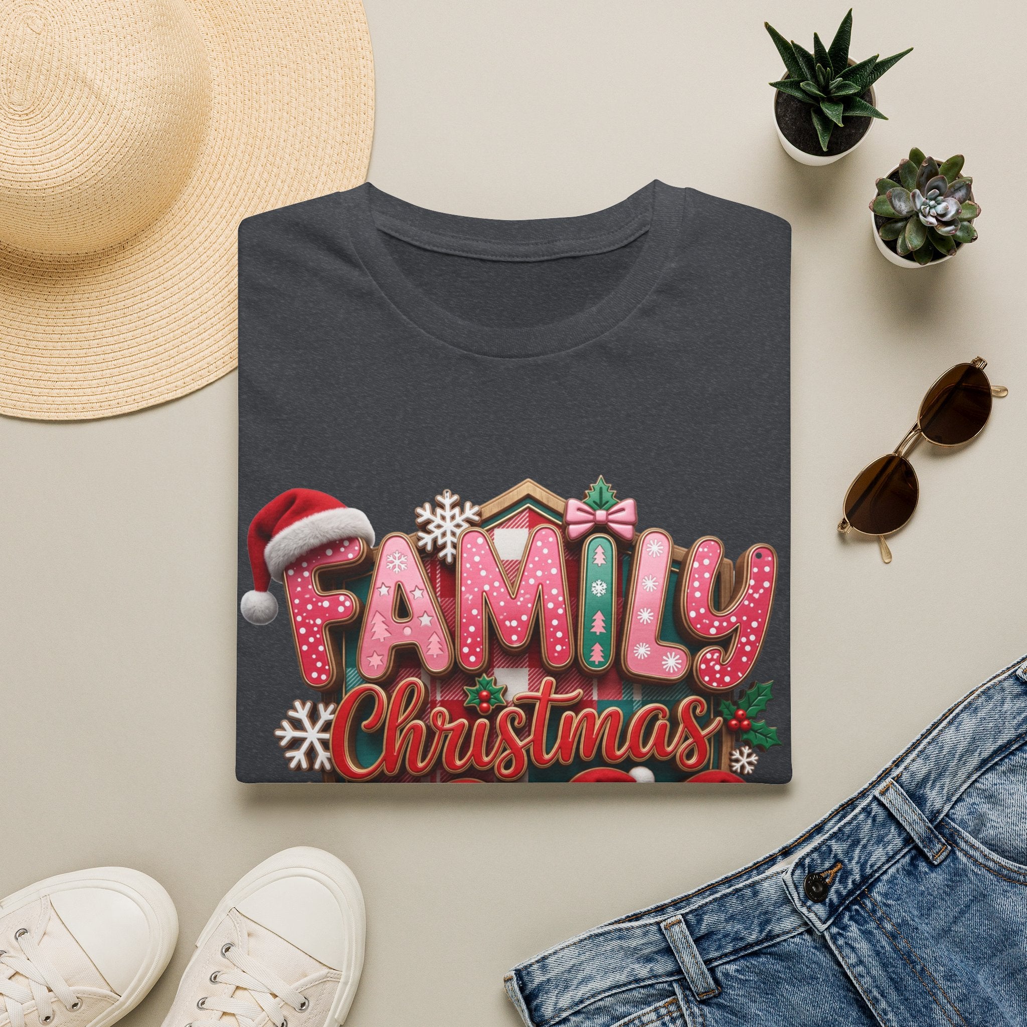 Family Christmas 2026 Making Memories Together print on a Dark Heather Grey t-shirt, folded beside a straw hat and jeans