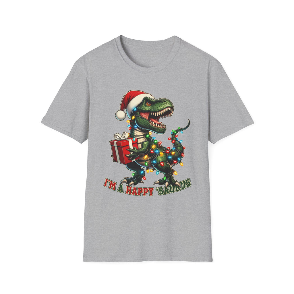 Happy Saurus T-Rex Santa Hat Christmas Lights print on the front of a Sport Grey t-shirt, laid flat on white