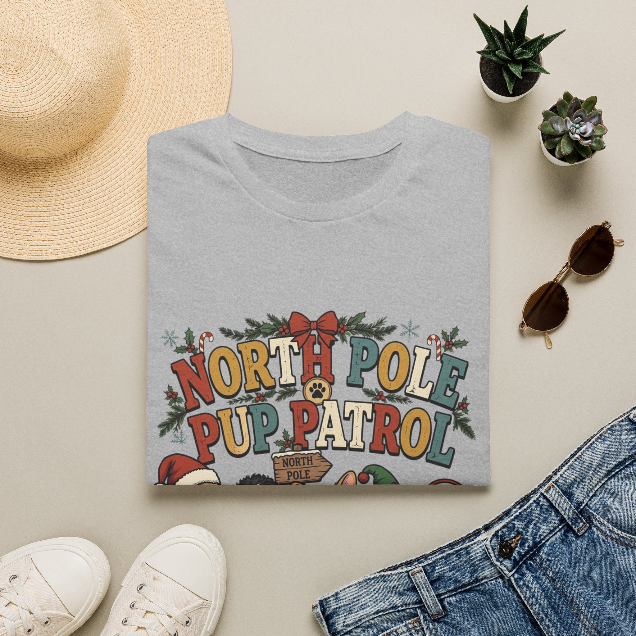 North Pole Pup Patrol Christmas Dogs print on a Sport Grey t-shirt, folded beside a straw hat and jeans