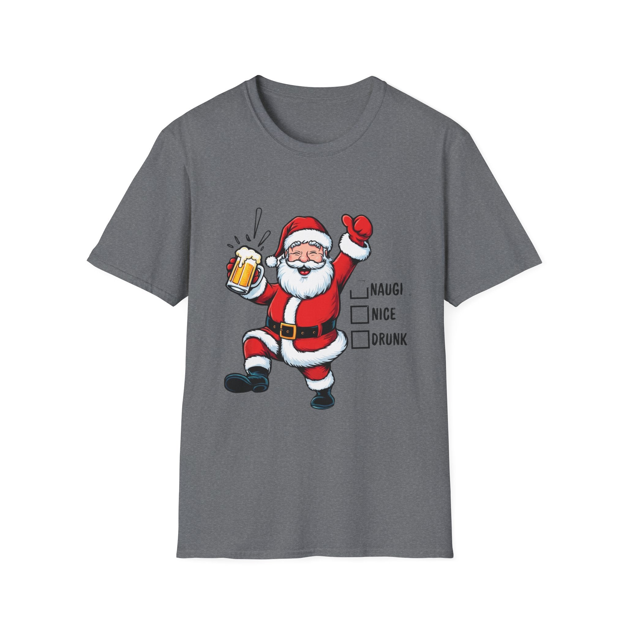 Naughty Nice Drunk Santa Beer Checklist print on the front of a Graphite Heather t-shirt, laid flat on white