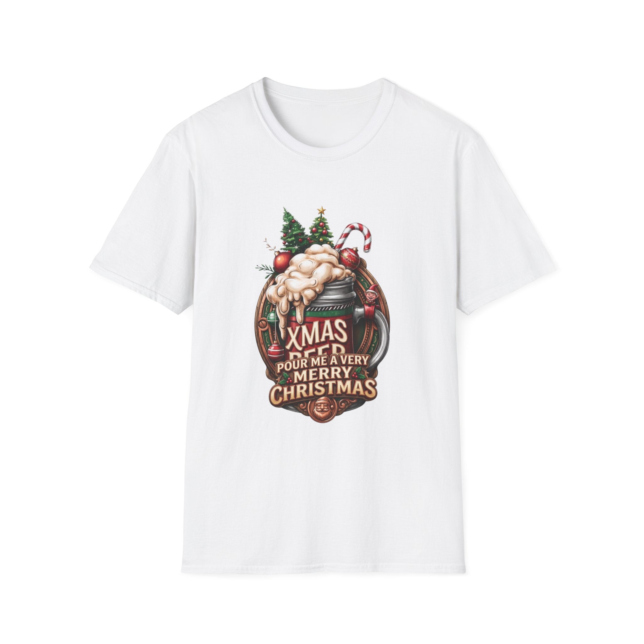 XMAS Beer Pour Me a Very Merry Christmas print on the front of a White t-shirt, laid flat on white