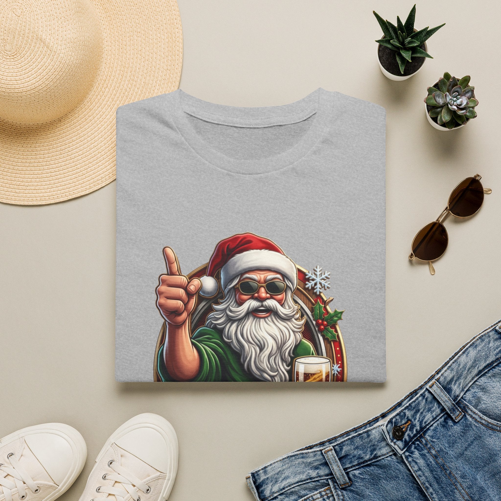Cheers to the Naughty List Santa Beer print on a Sport Grey t-shirt, folded beside a straw hat and jeans