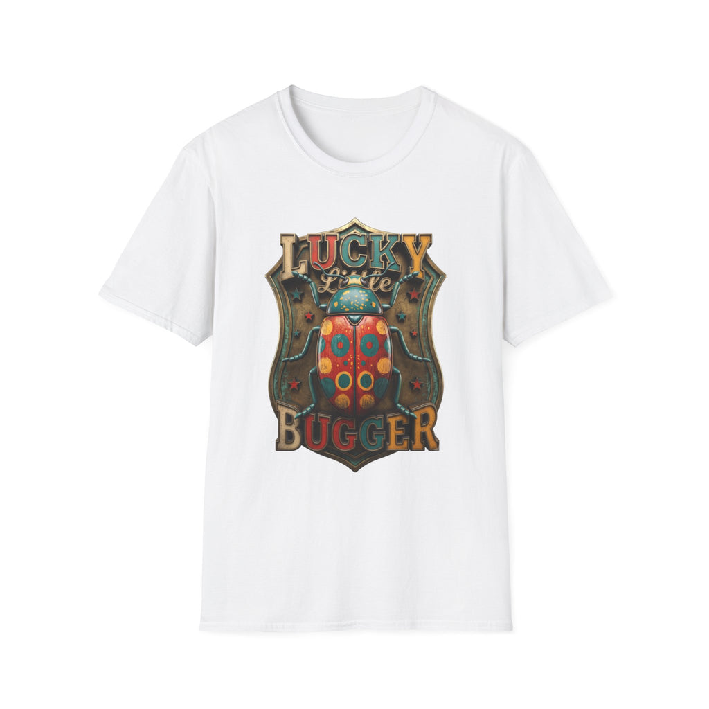 Lucky Little Bugger Vintage Beetle print on the front of a White t-shirt, laid flat on white