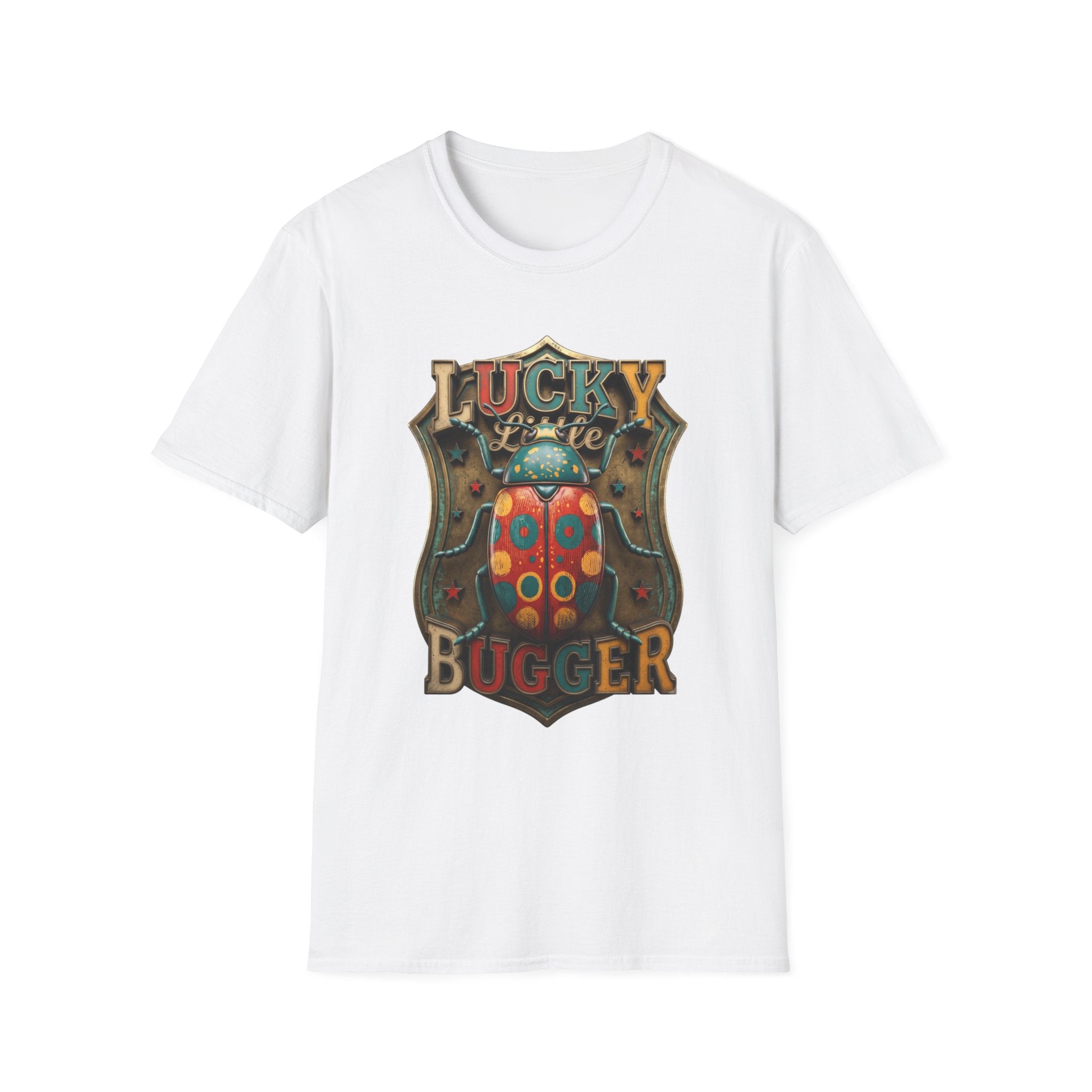 Lucky Little Bugger Vintage Beetle print on the front of a White t-shirt, laid flat on white