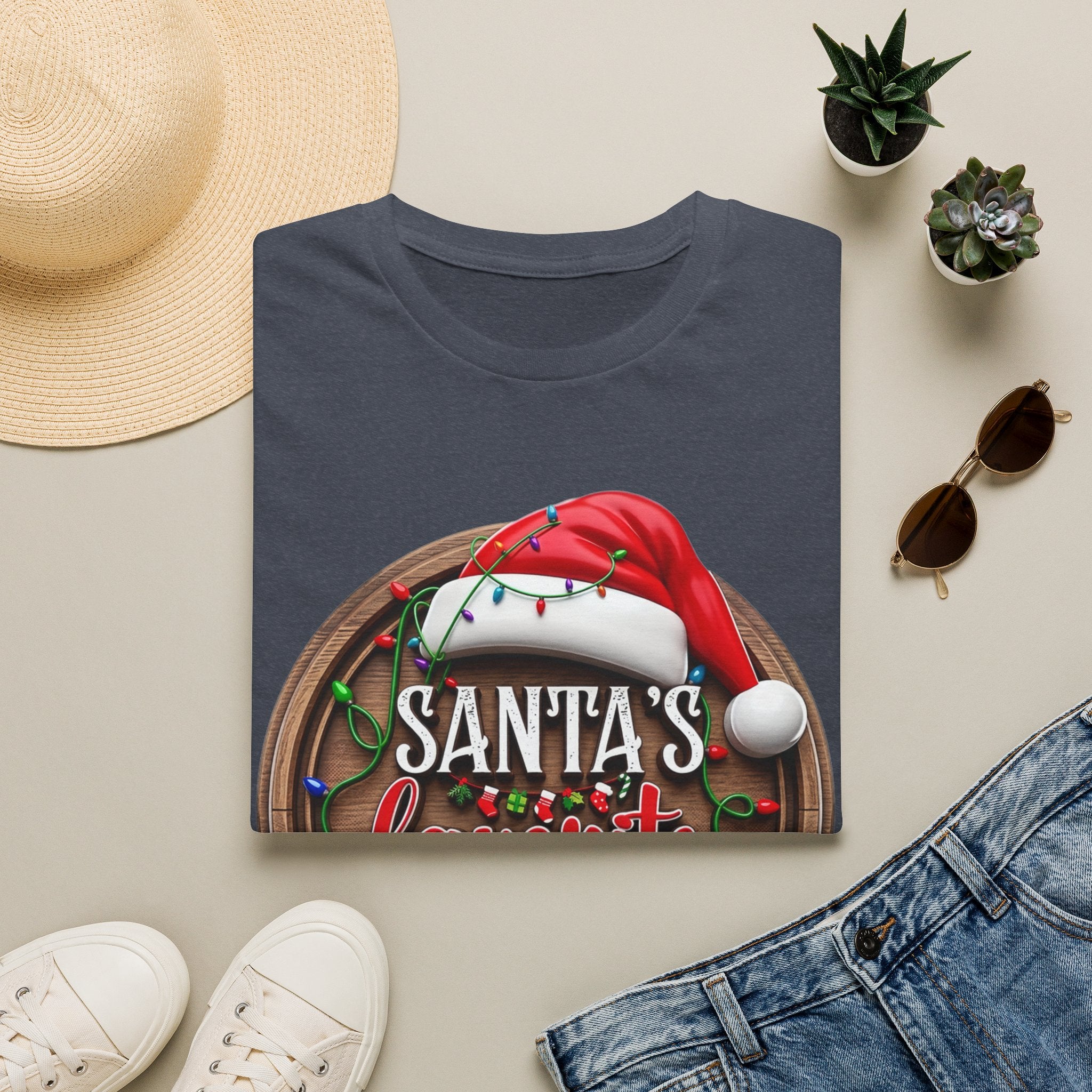Santa's Favorite Office Staff print on a Heather Navy t-shirt, folded beside a straw hat and jeans