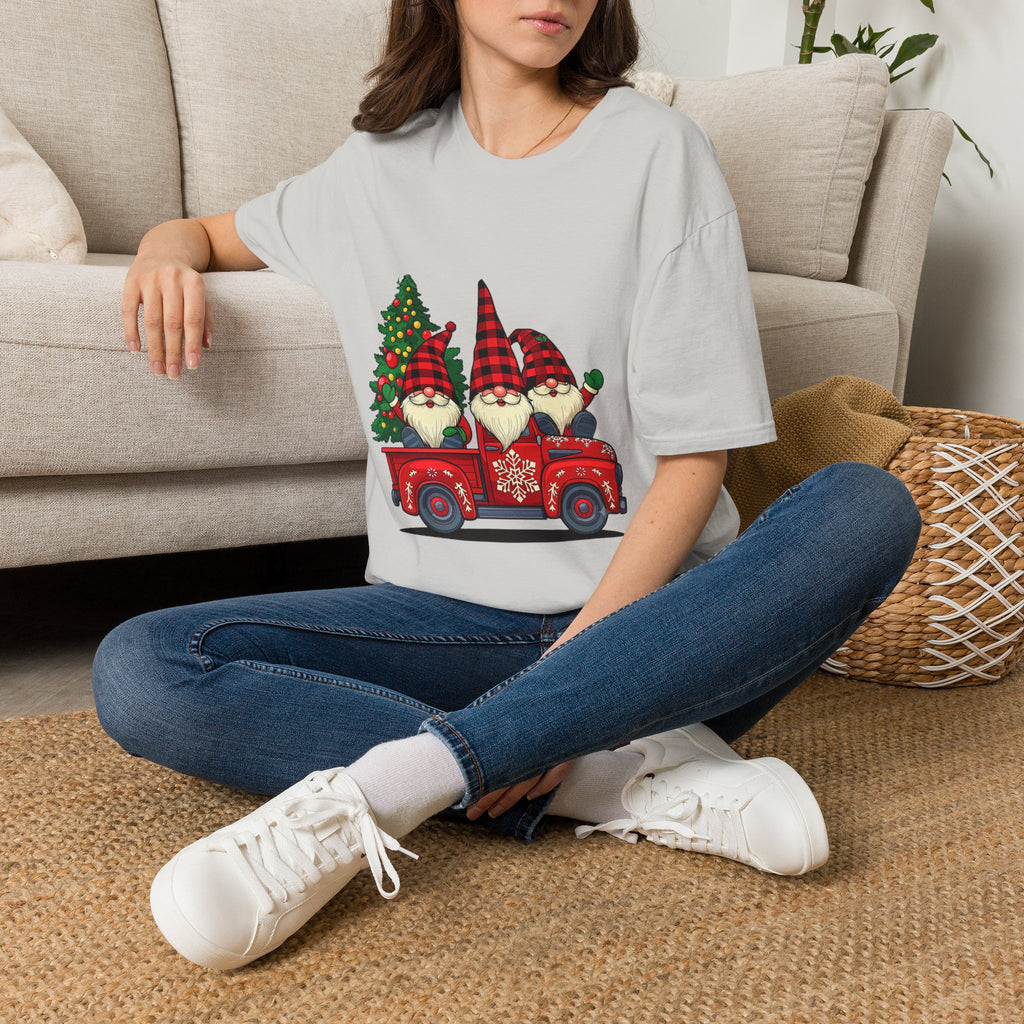 Buffalo Plaid Gnomes Red Truck t-shirt in Ice Grey, worn by a woman seated on a rug