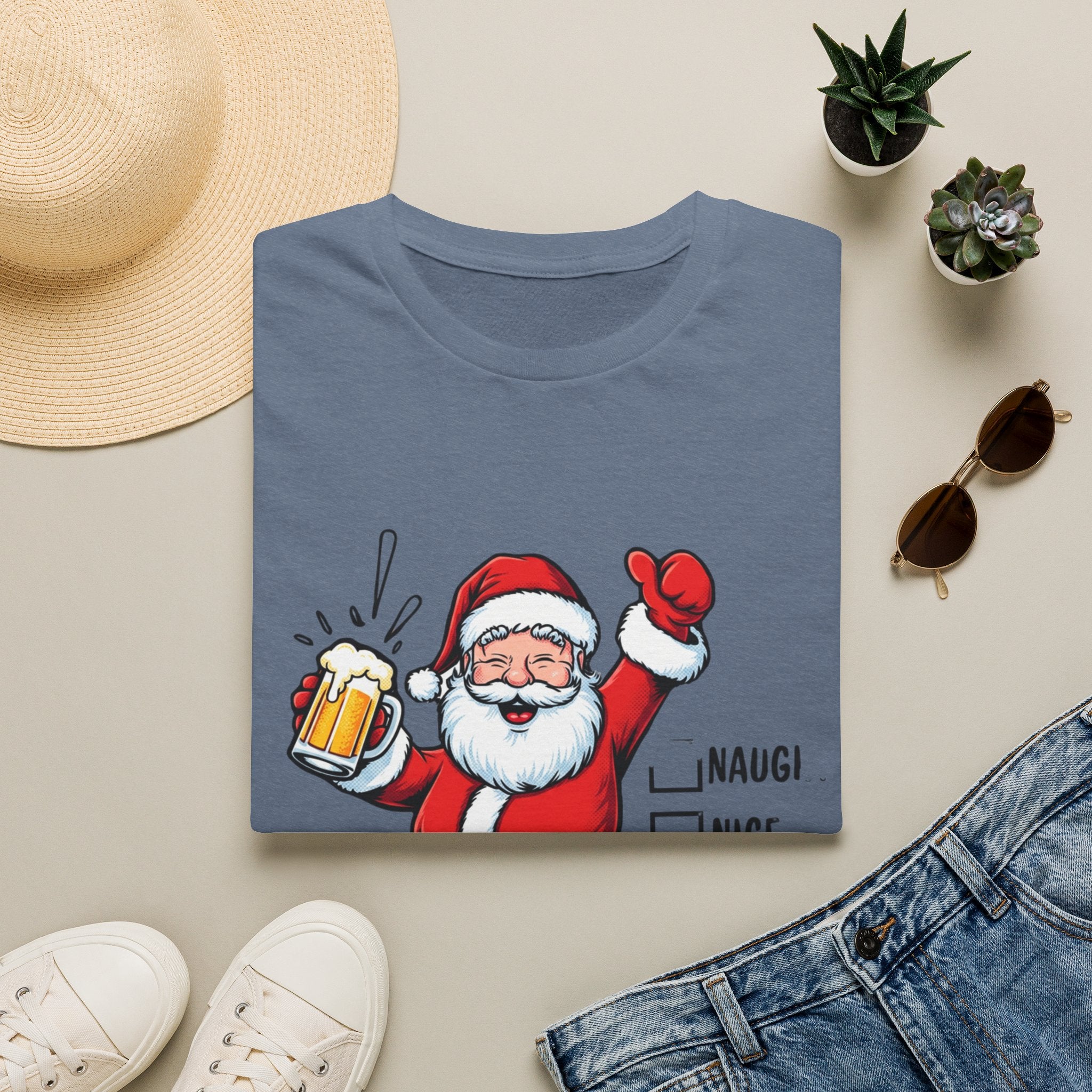 Naughty Nice Drunk Santa Beer Checklist print on a Heather Indigo t-shirt, folded beside a straw hat and jeans
